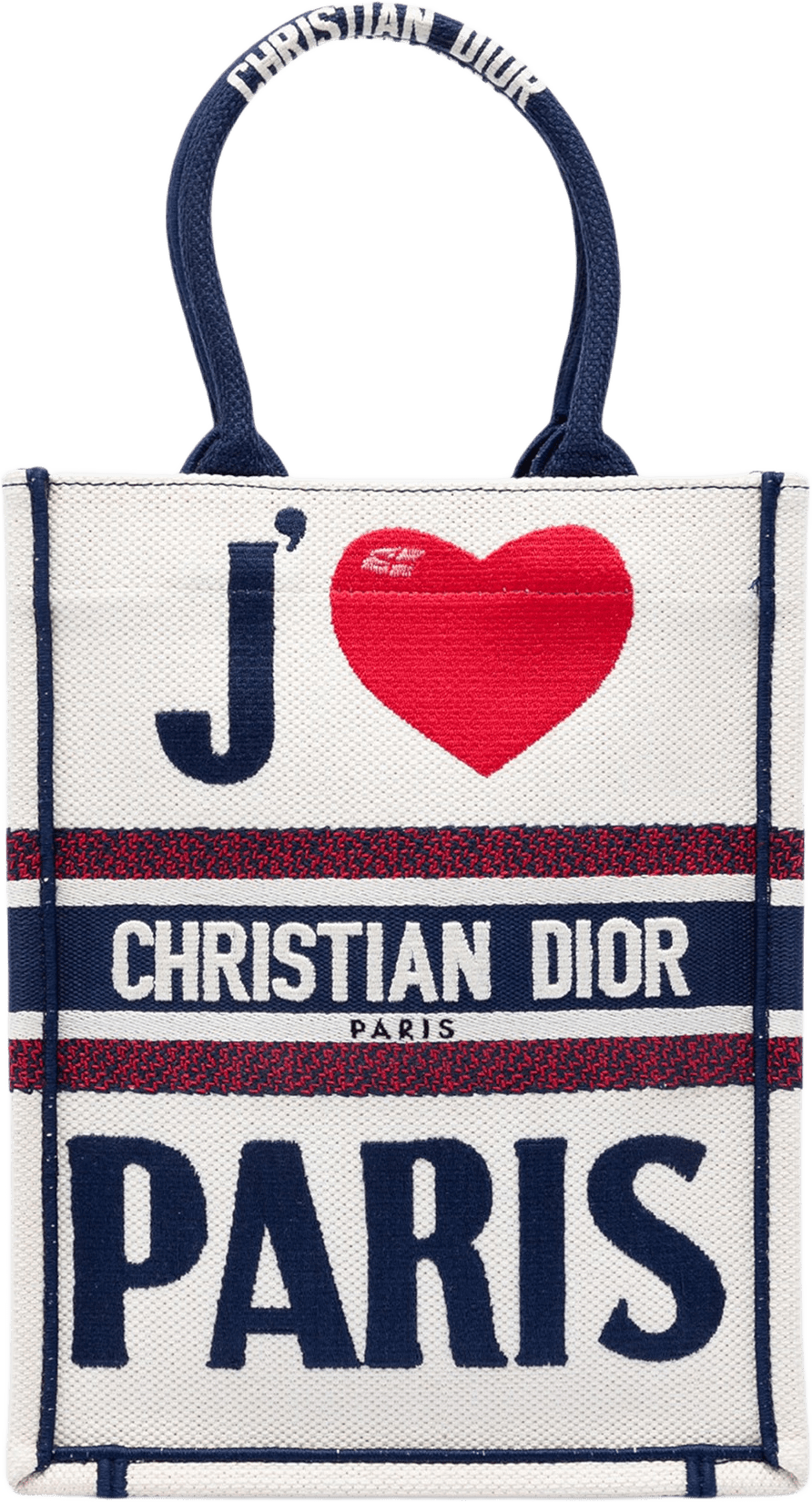 Dior Embroidered Canvas I Love Paris Vertical Book Tote, från Luxclusif, i färgen white.