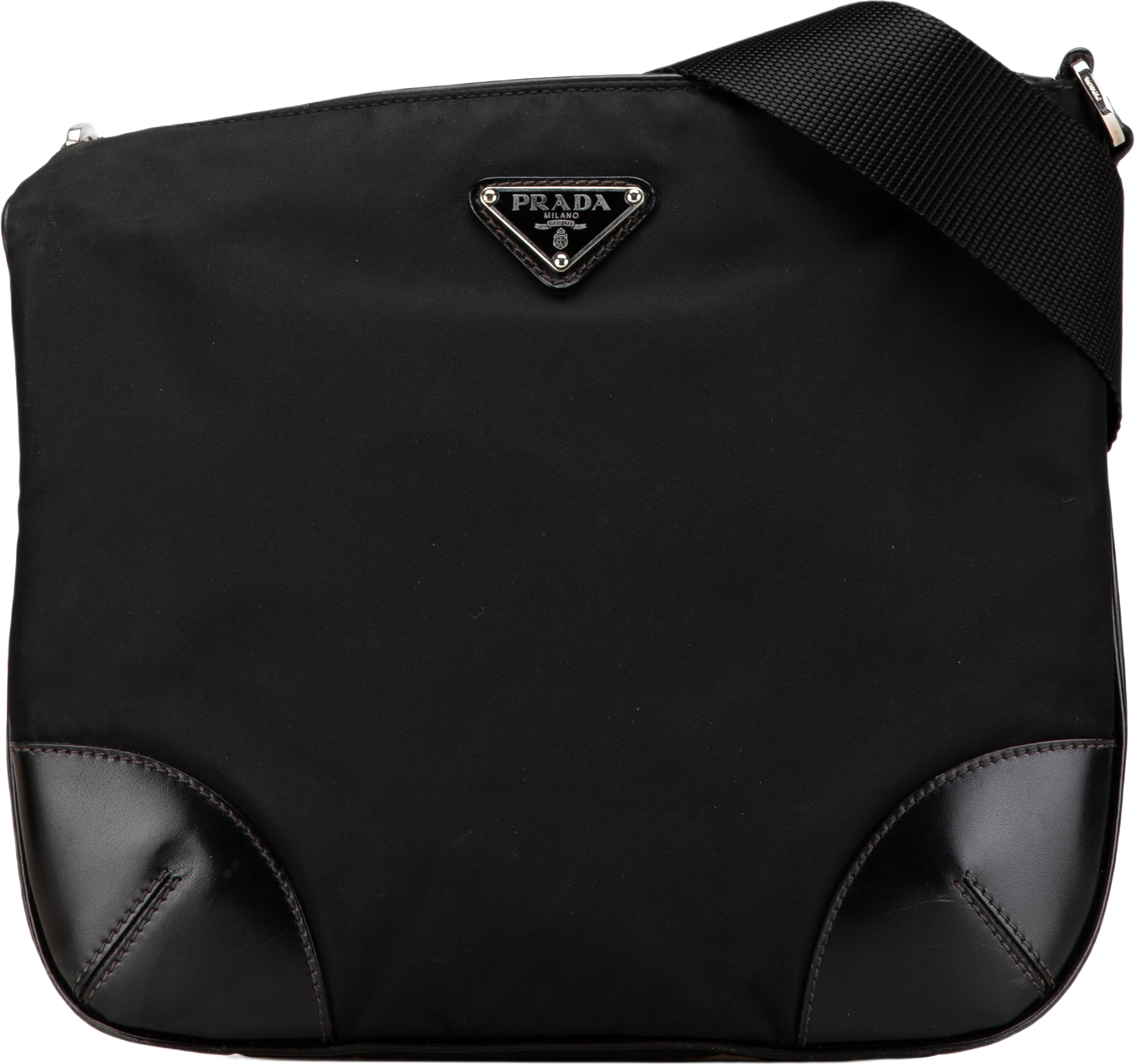 Prada Vitello Trimmed Tessuto Zip Top Crossbody, från Luxclusif, i färgen black.