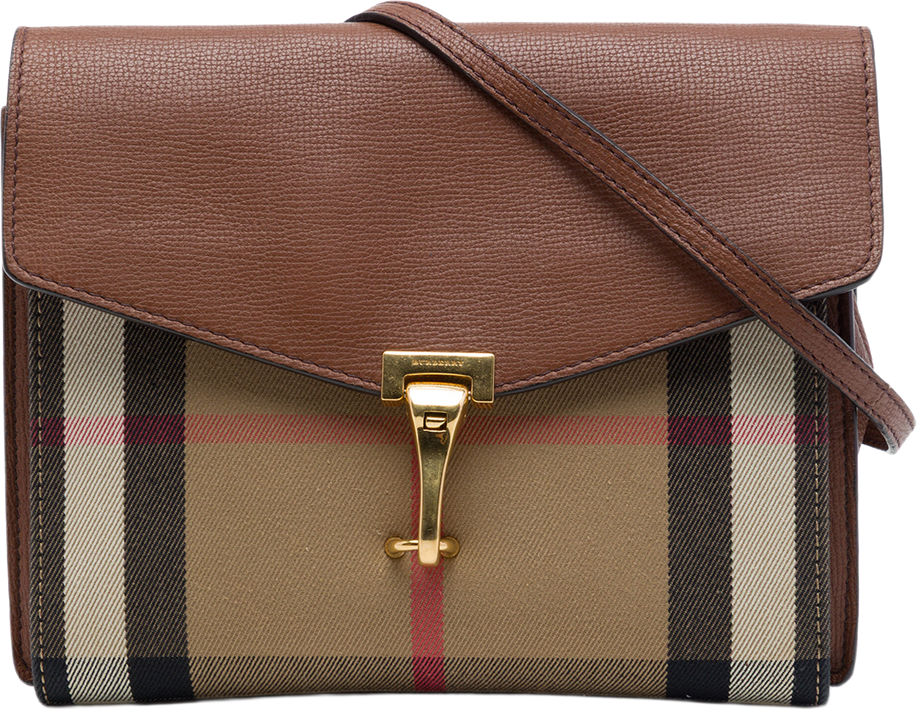 Burberry Small Leather And House Check Canvas Derby Macken Crossbody, från Luxclusif, i färgen brun.