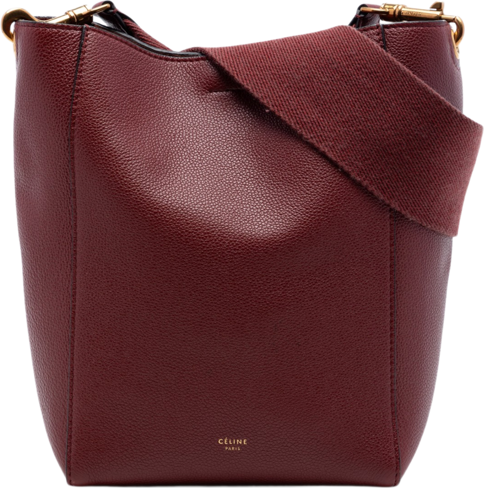 Celine Small Leather Seau Sangle Bucket Bag, från Luxclusif, i färgen dark red.