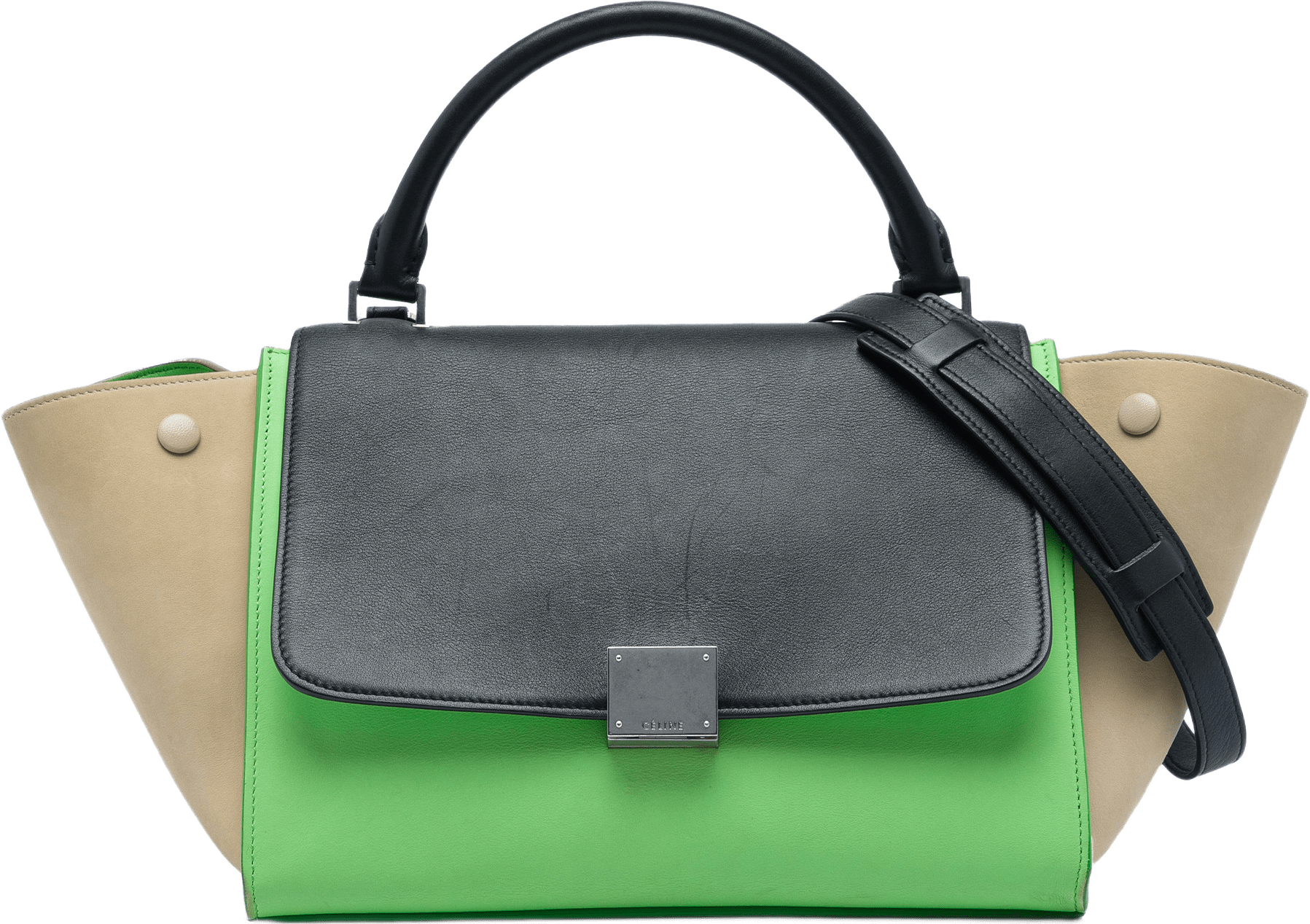Celine Small Tricolor Leather Trapeze Satchel, från Luxclusif, i färgen grön.