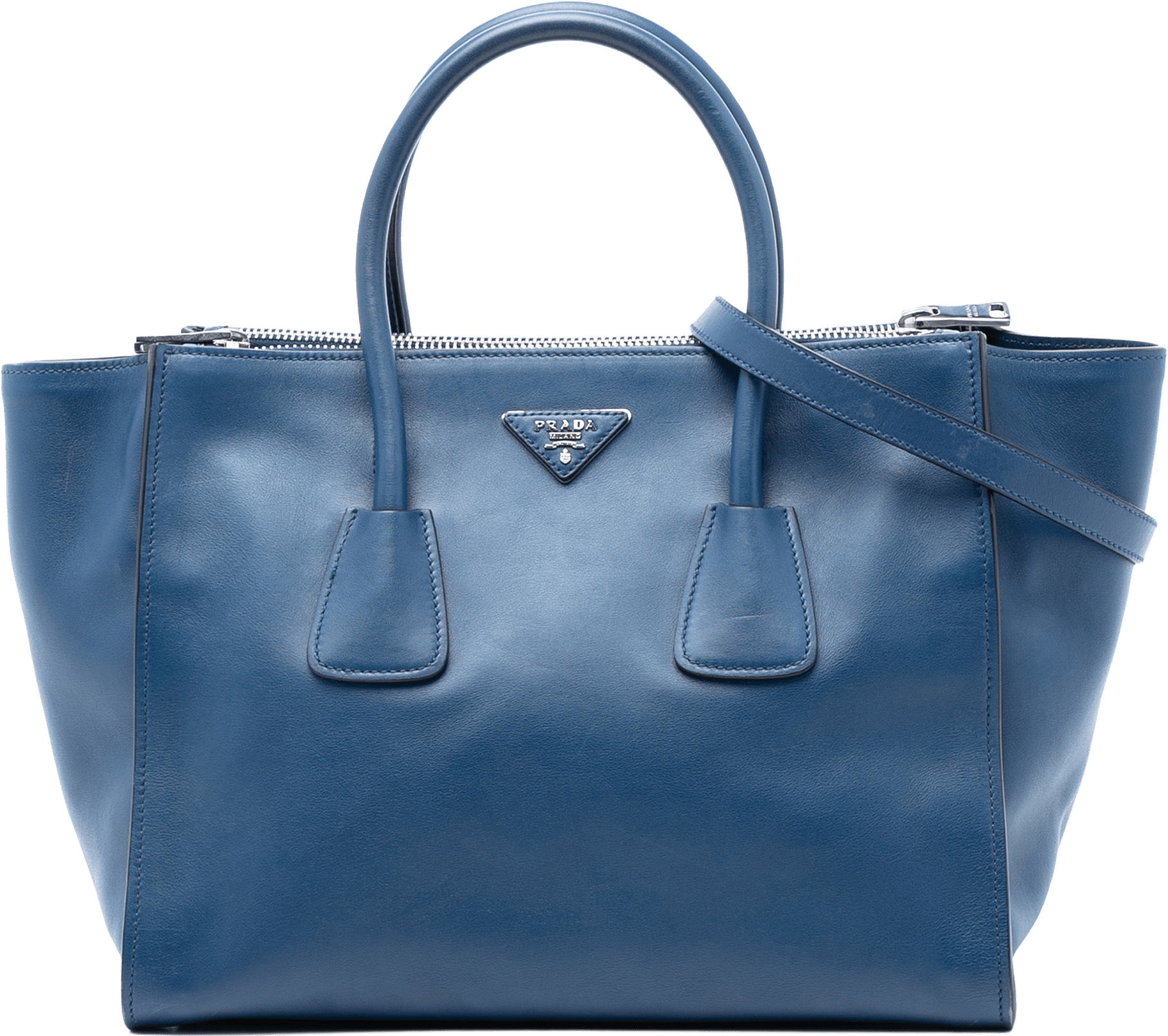 Prada Glace Calf Twin Pocket Double Handle Satchel, från Luxclusif, i färgen blue.