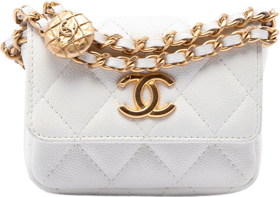 Chanel Quilted Caviar Twist Your Buttons Flap Chain Belt Bag, från Luxclusif, i färgen vit.