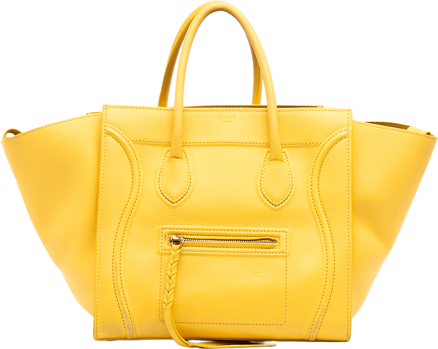 Celine Medium Leather Phantom Luggage Tote, från Luxclusif, i färgen yellow.