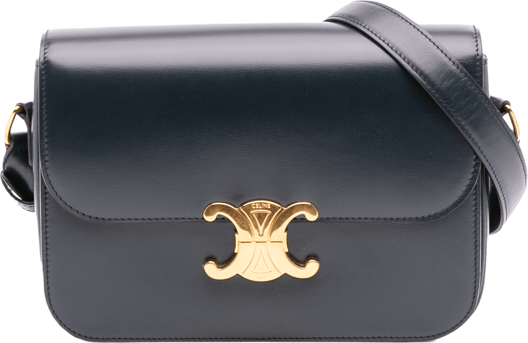 Celine Classique Shiny Calfskin Triomphe Crossbody, från Luxclusif, i färgen navy.