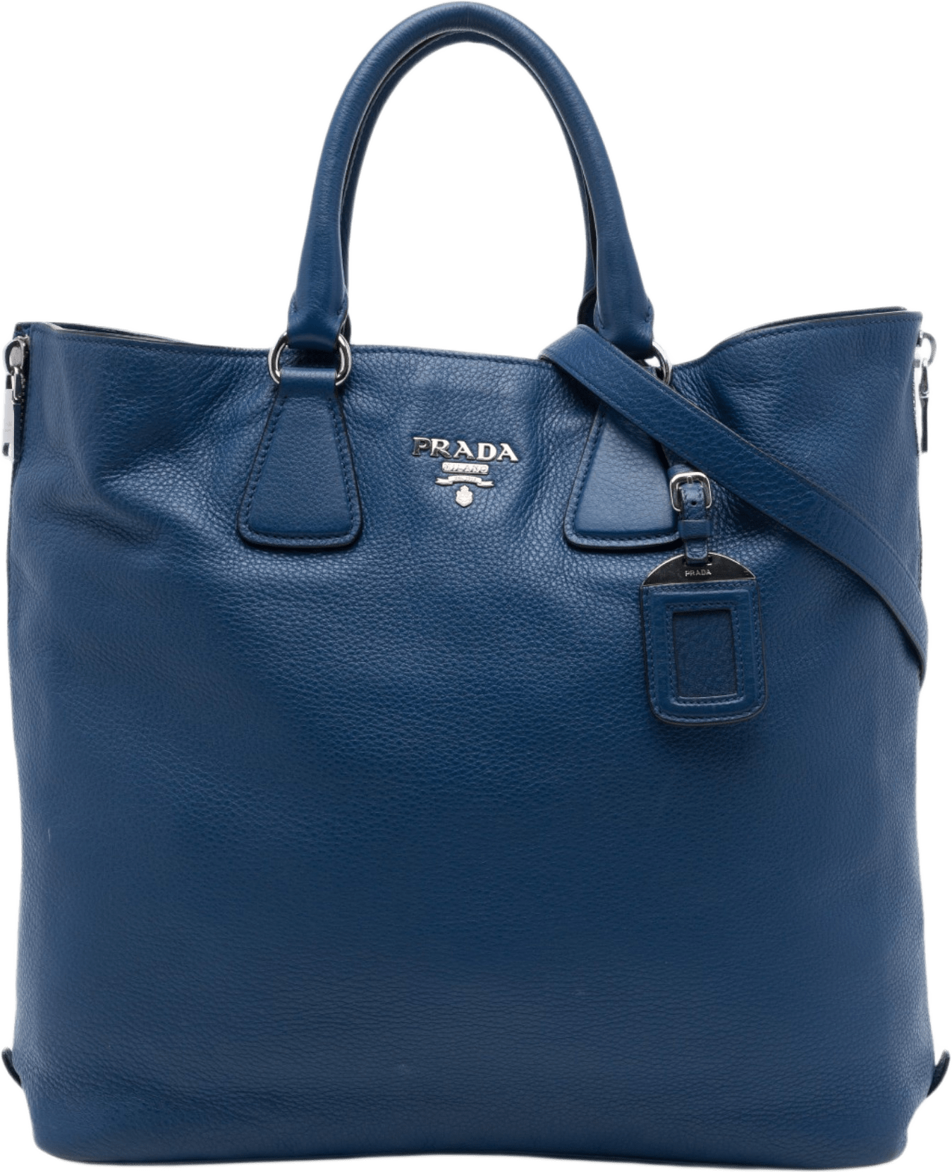 Prada Vitello Daino Side Zip Open Convertible Tote, från Luxclusif, i färgen blå.