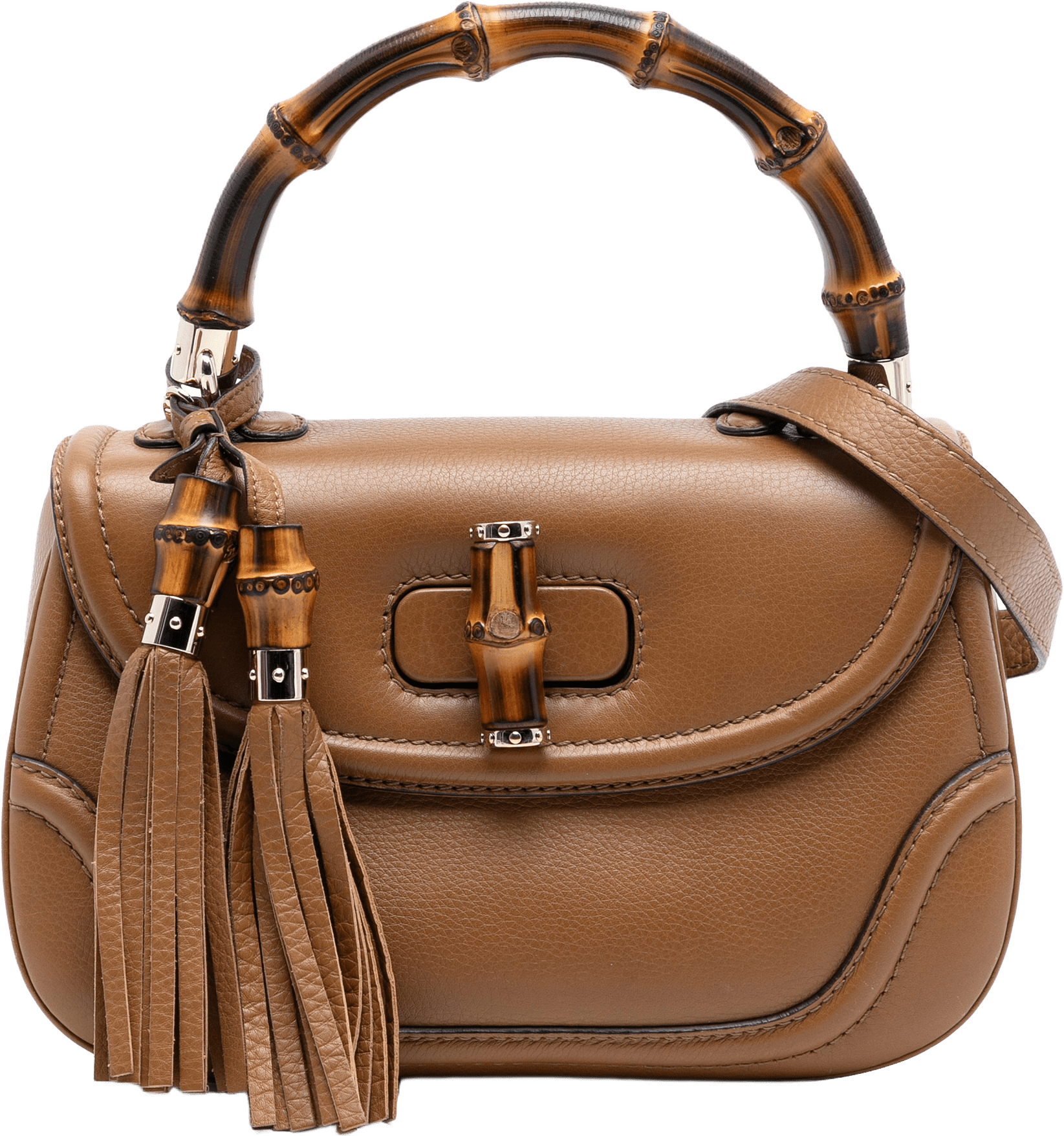 Gucci Medium Leather New Bamboo Satchel, från Luxclusif, i färgen camel.