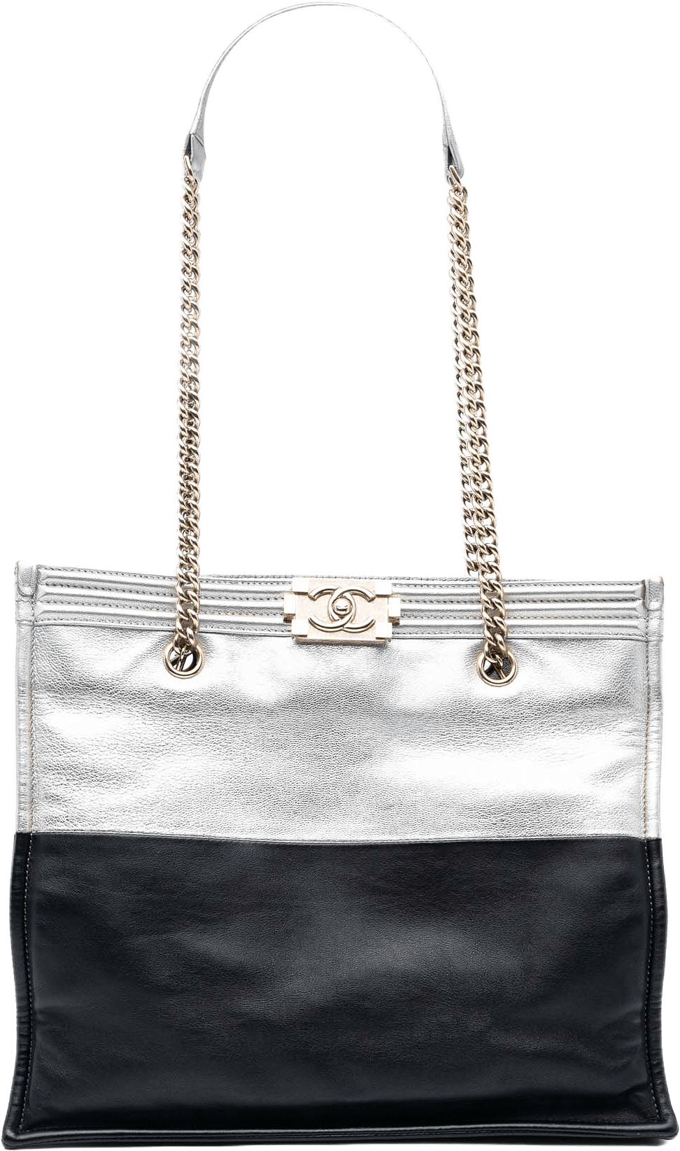 Chanel Large Bicolor Metallic Goatskin And Calfskin Boy Tote, från Luxclusif, i färgen silver.