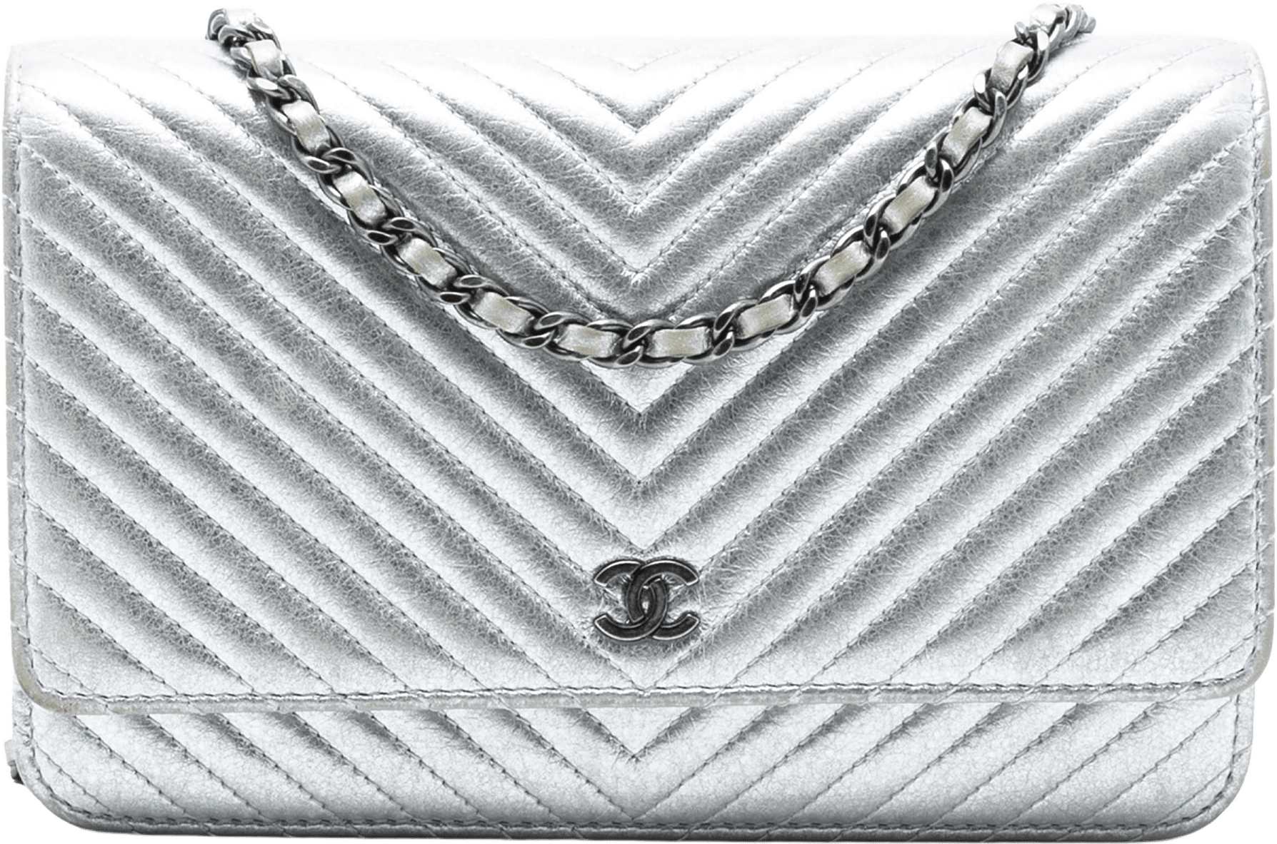 Chanel Cc Chevron Metallic Lambskin Wallet On Chain, från Luxclusif, i färgen silver.