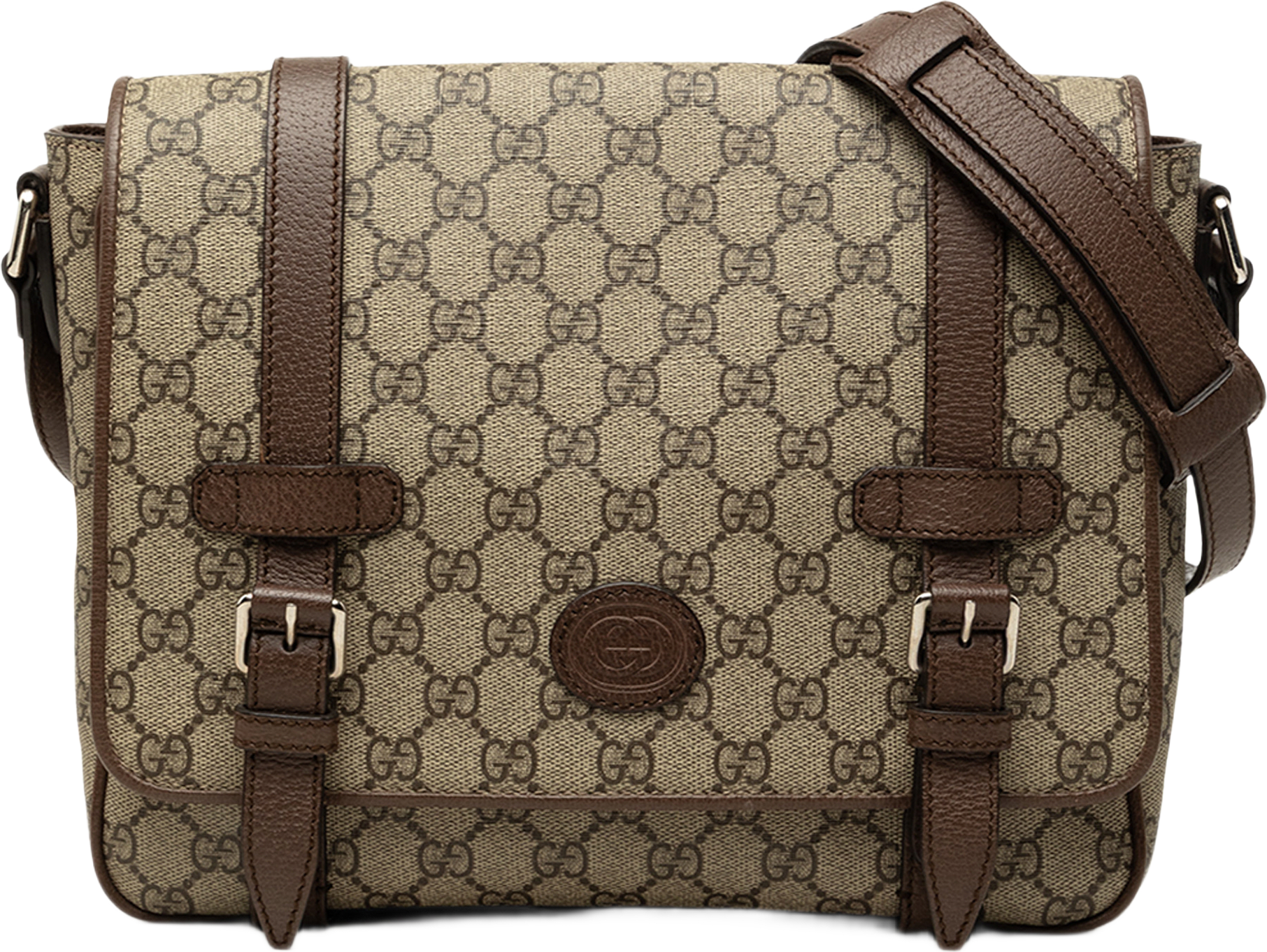 Gucci Gg Supreme Textured Dollar Calfskin Retro Interlocking G Flap Messenger Bag, från Luxclusif, i färgen beige.