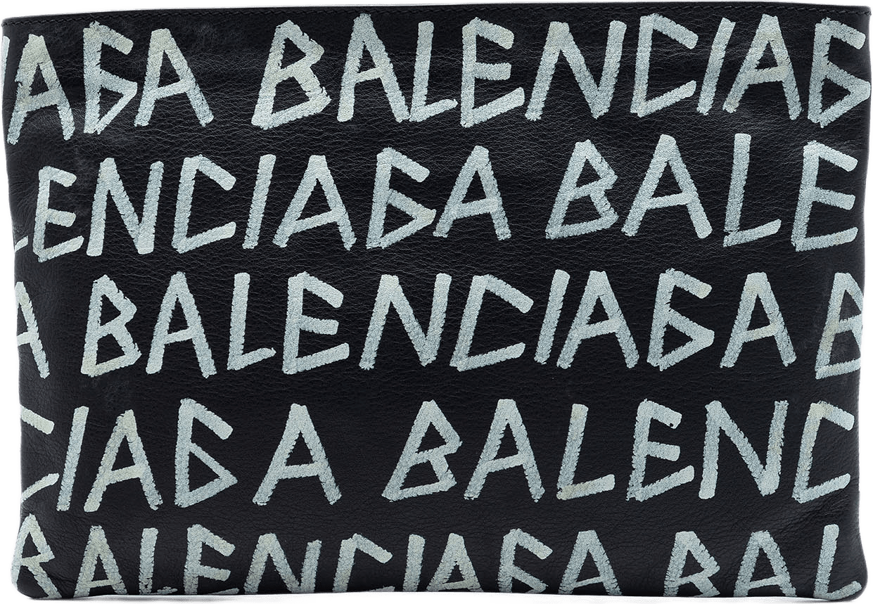 Balenciaga Leather Graffiti Clutch, från Luxclusif, i färgen black.