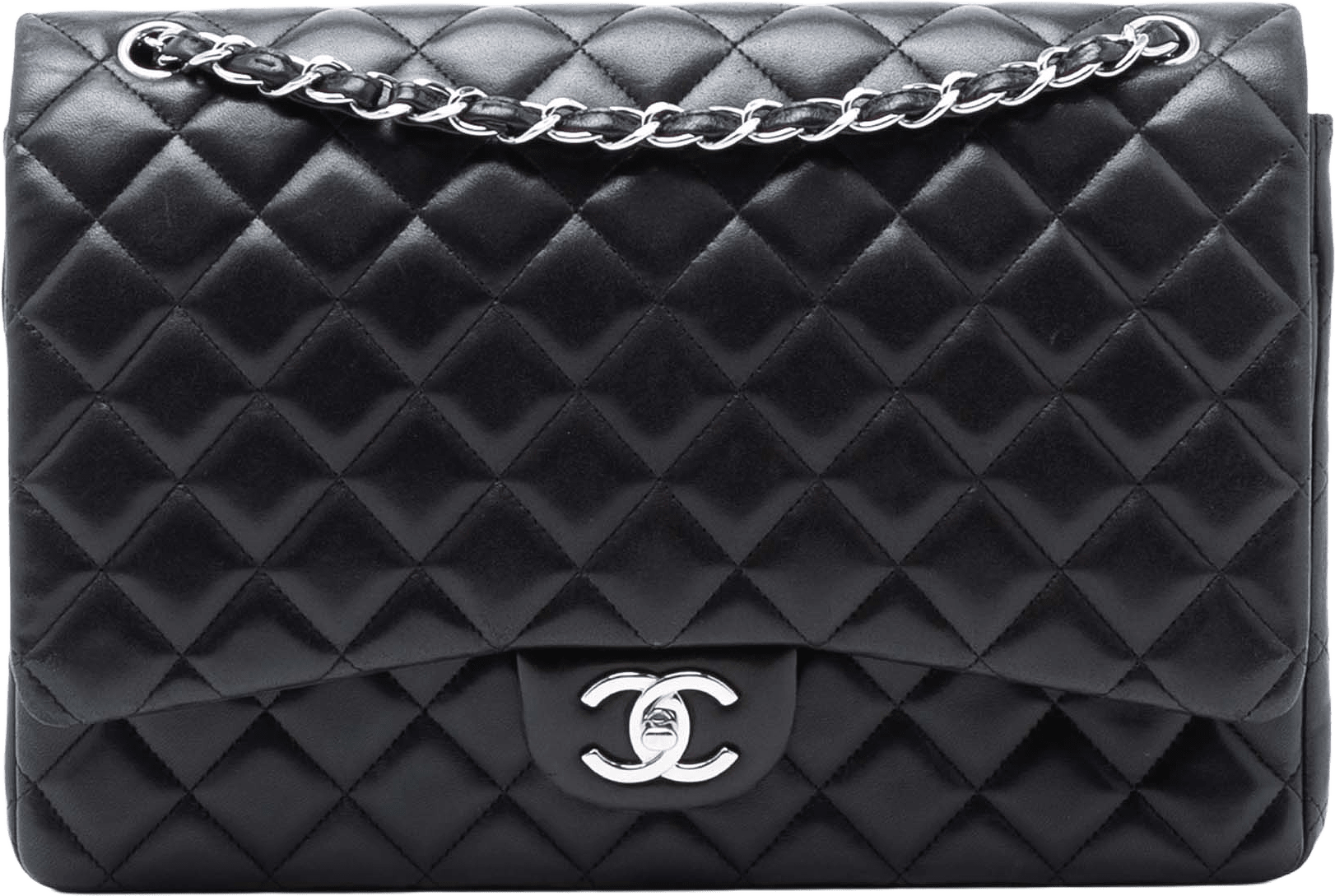 Chanel Maxi Classic Lambskin Double Flap, från Luxclusif, i färgen black.