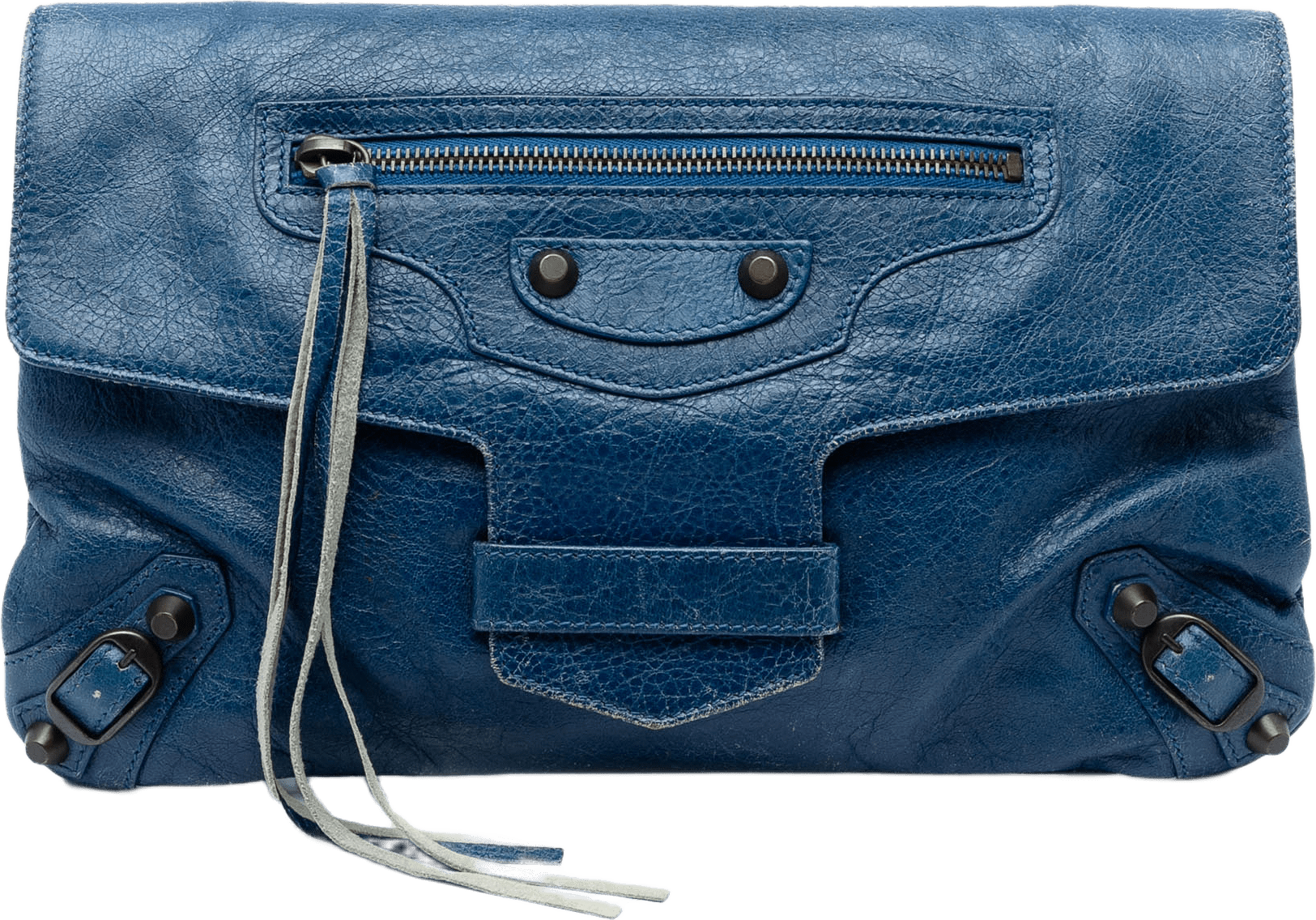 Balenciaga Lambskin Motocross Classic Envelope Clutch, från Luxclusif, i färgen dark blue.