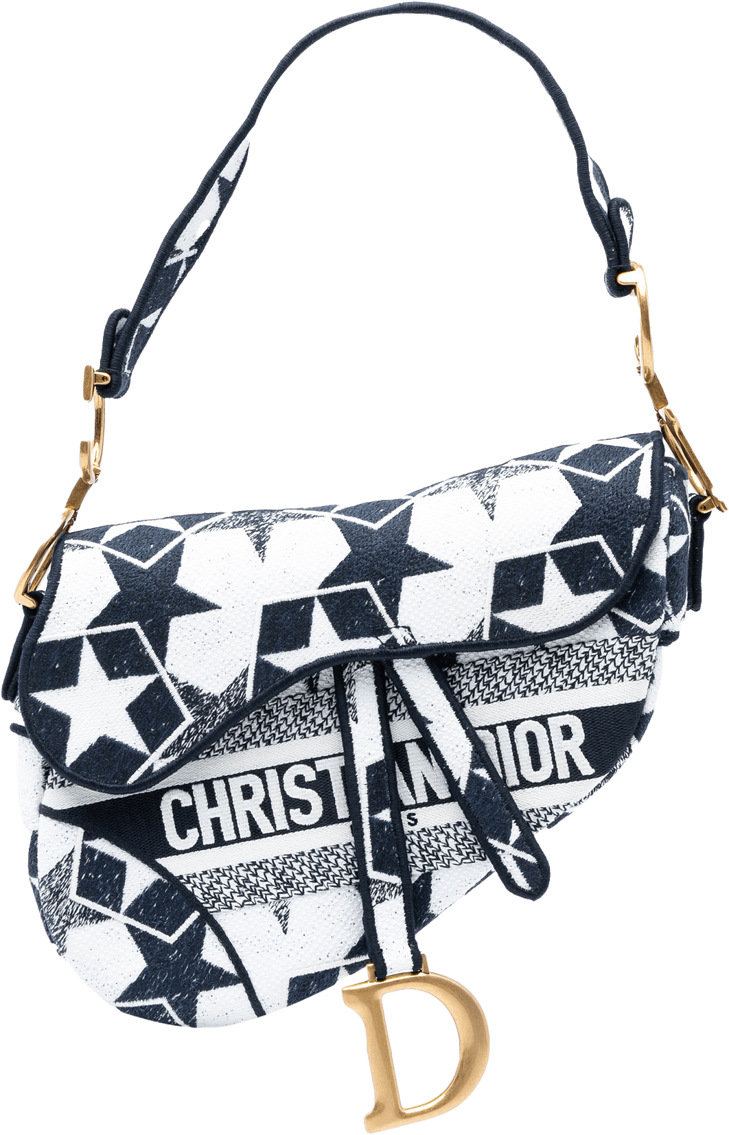 Dior Embroidered Canvas Stars Saddle Bag, från Luxclusif, i färgen white.