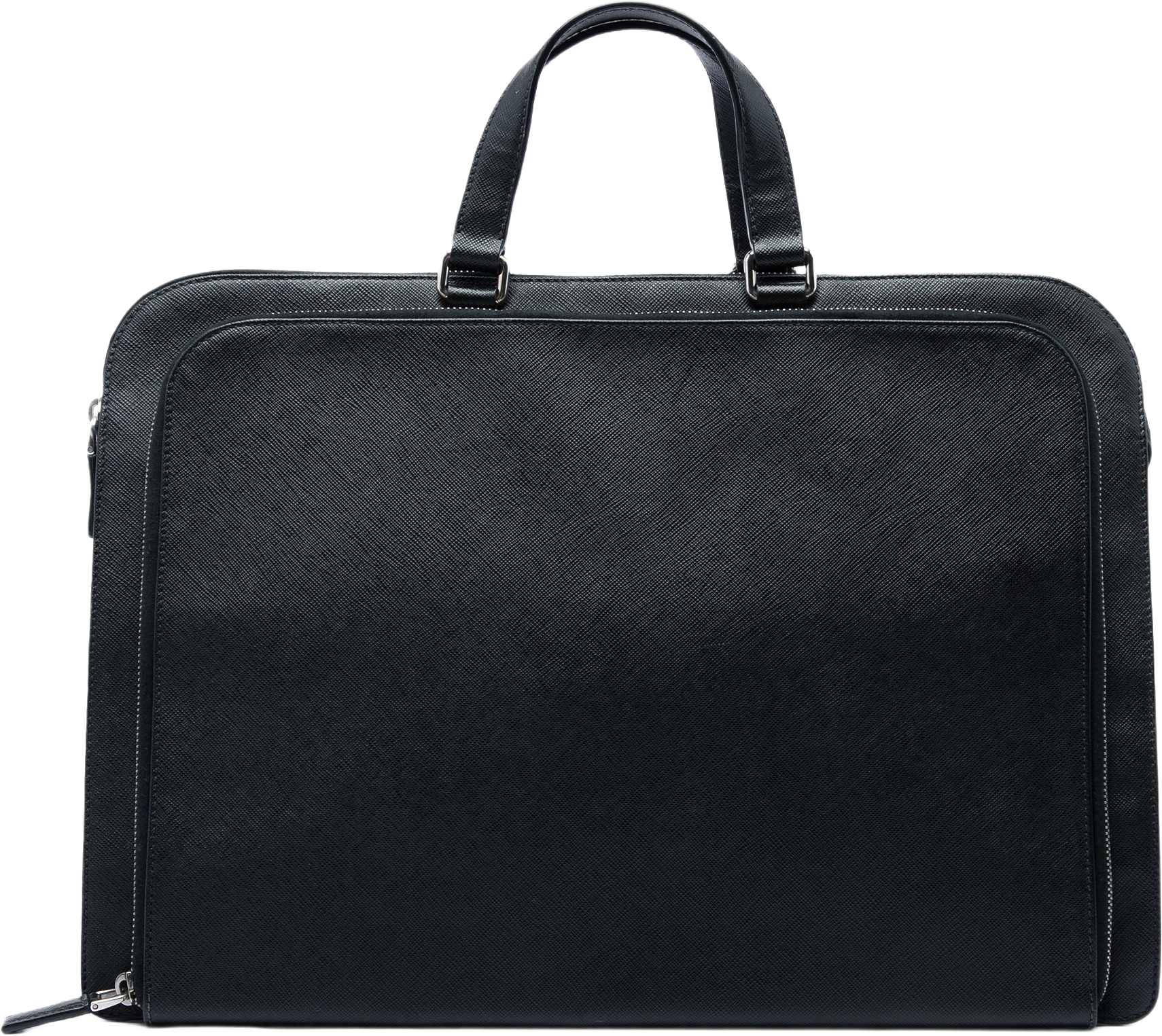 Prada Saffiano Cuir Travel Front Zip Pocket Briefcase, från Luxclusif, i färgen svart.