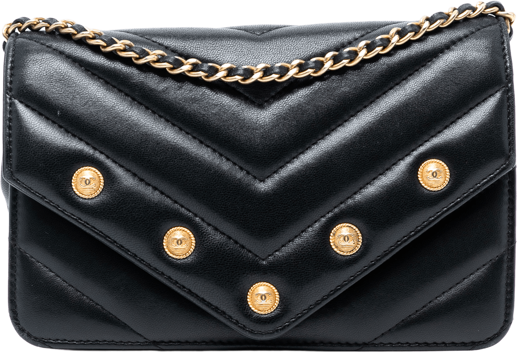 Chanel Chevron Lambskin Button Wallet On Chain, från Luxclusif, i färgen black.