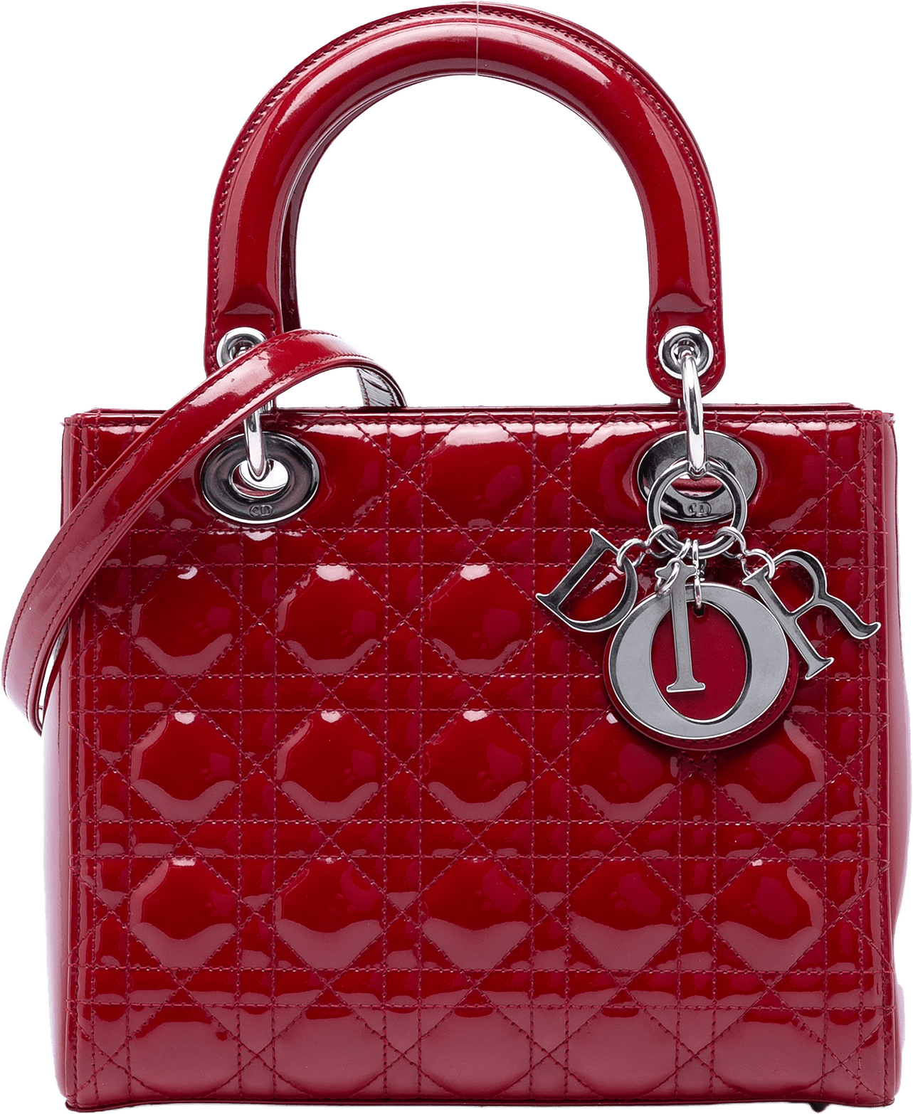 Dior Medium Patent Cannage Lady Dior, från Luxclusif, i färgen dark red.