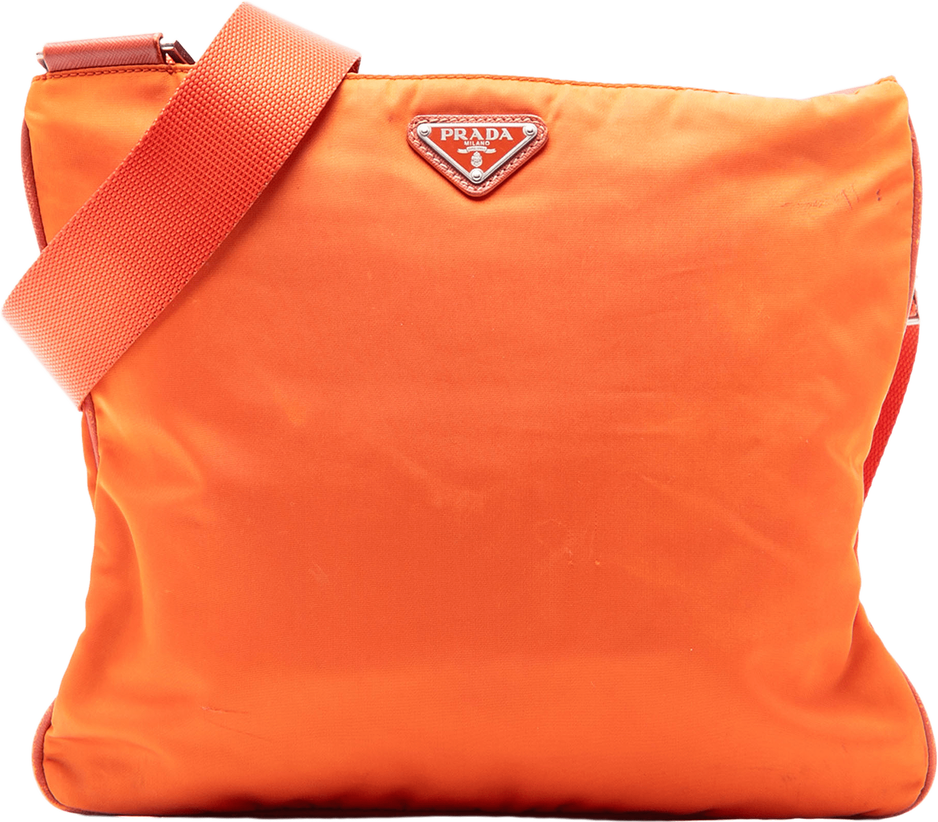 Prada Tessuto Zip Top Crossbody, från Luxclusif, i färgen orange.