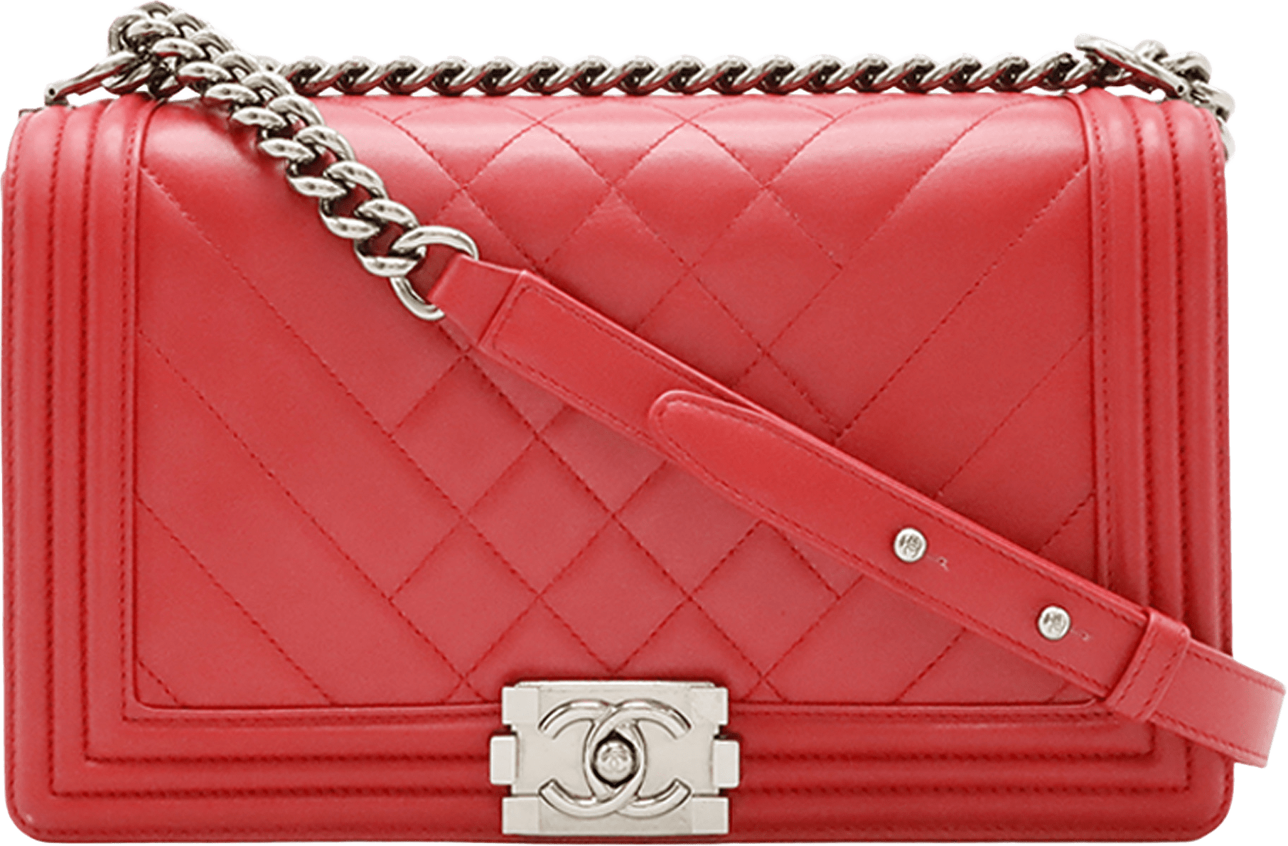 Chanel Medium Chevron And Diamond Quilted Lambskin Boy Flap, från Luxclusif, i färgen röd.