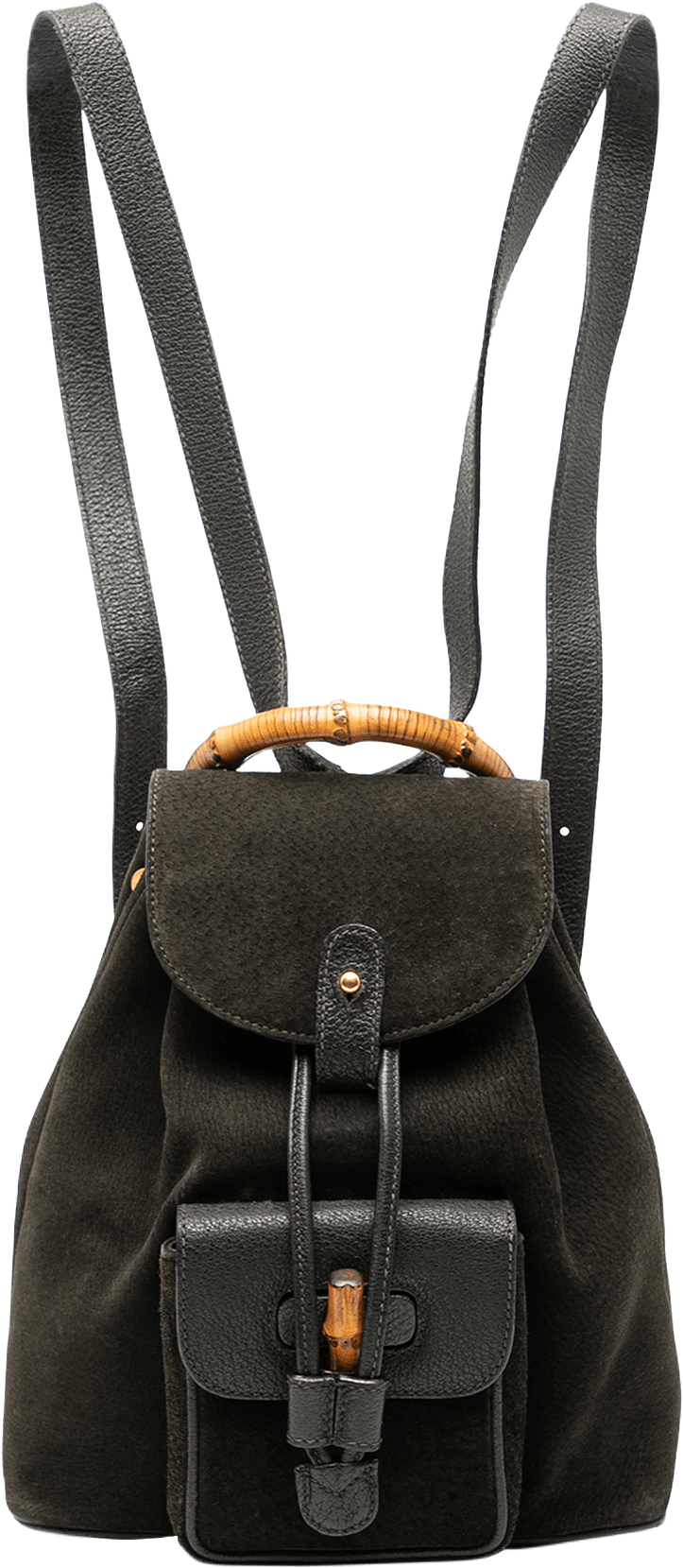 Gucci Suede Bamboo Drawstring Backpack, från Luxclusif, i färgen black.