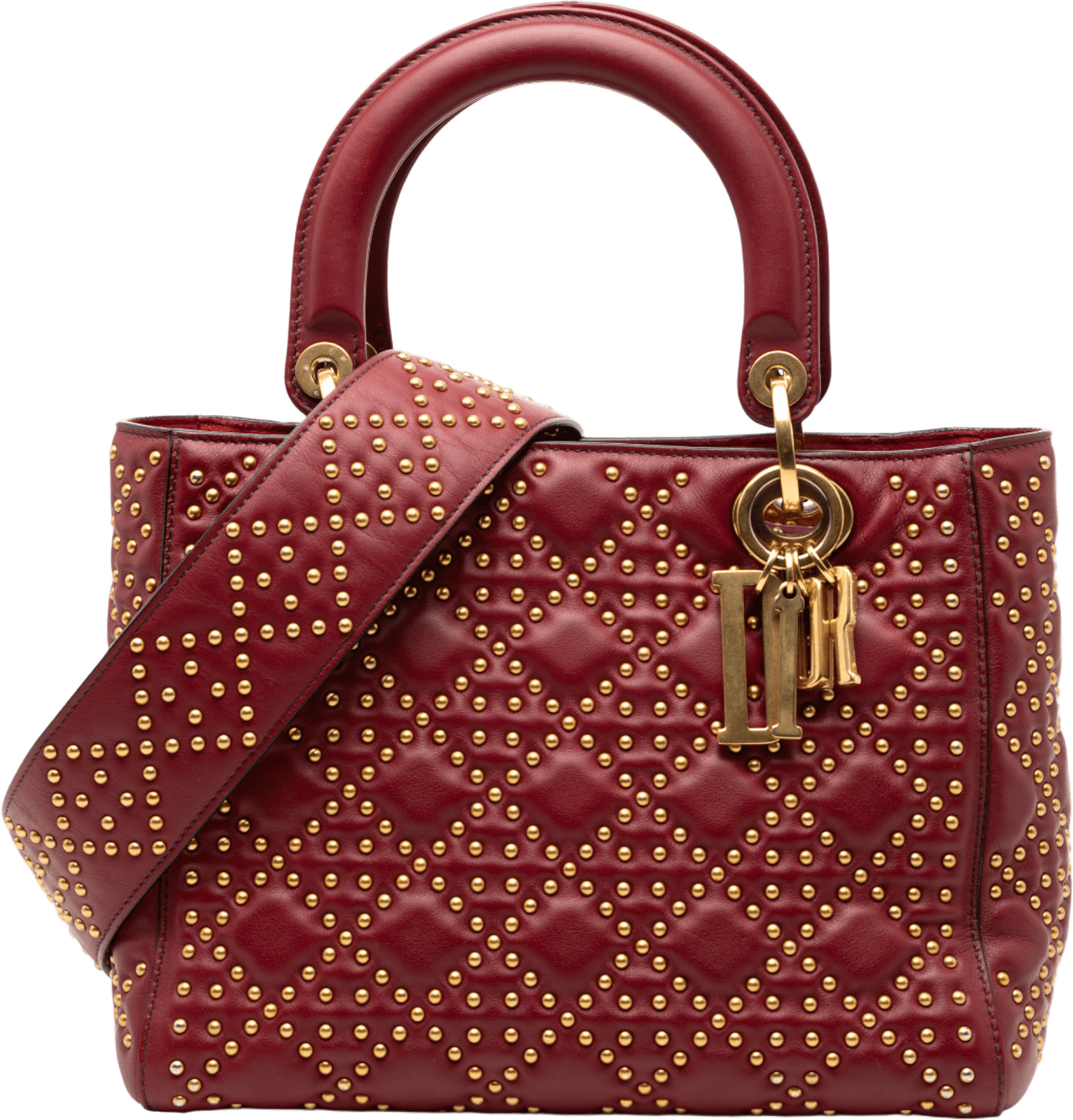 Dior Medium Lambskin Cannage Studded Supple Lady Dior, från Luxclusif, i färgen dark red.