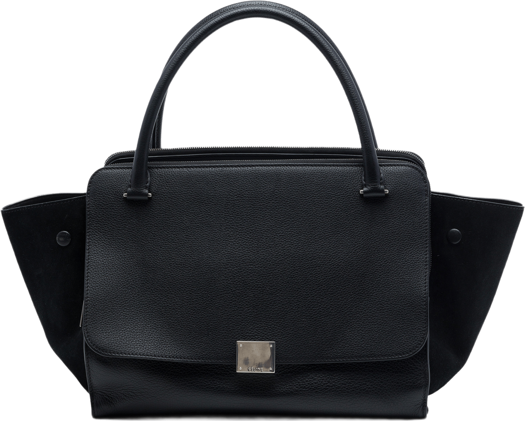 Celine Medium Drummed Calfskin And Suede Trapeze Double Zip Satchel, från Luxclusif, i färgen svart.