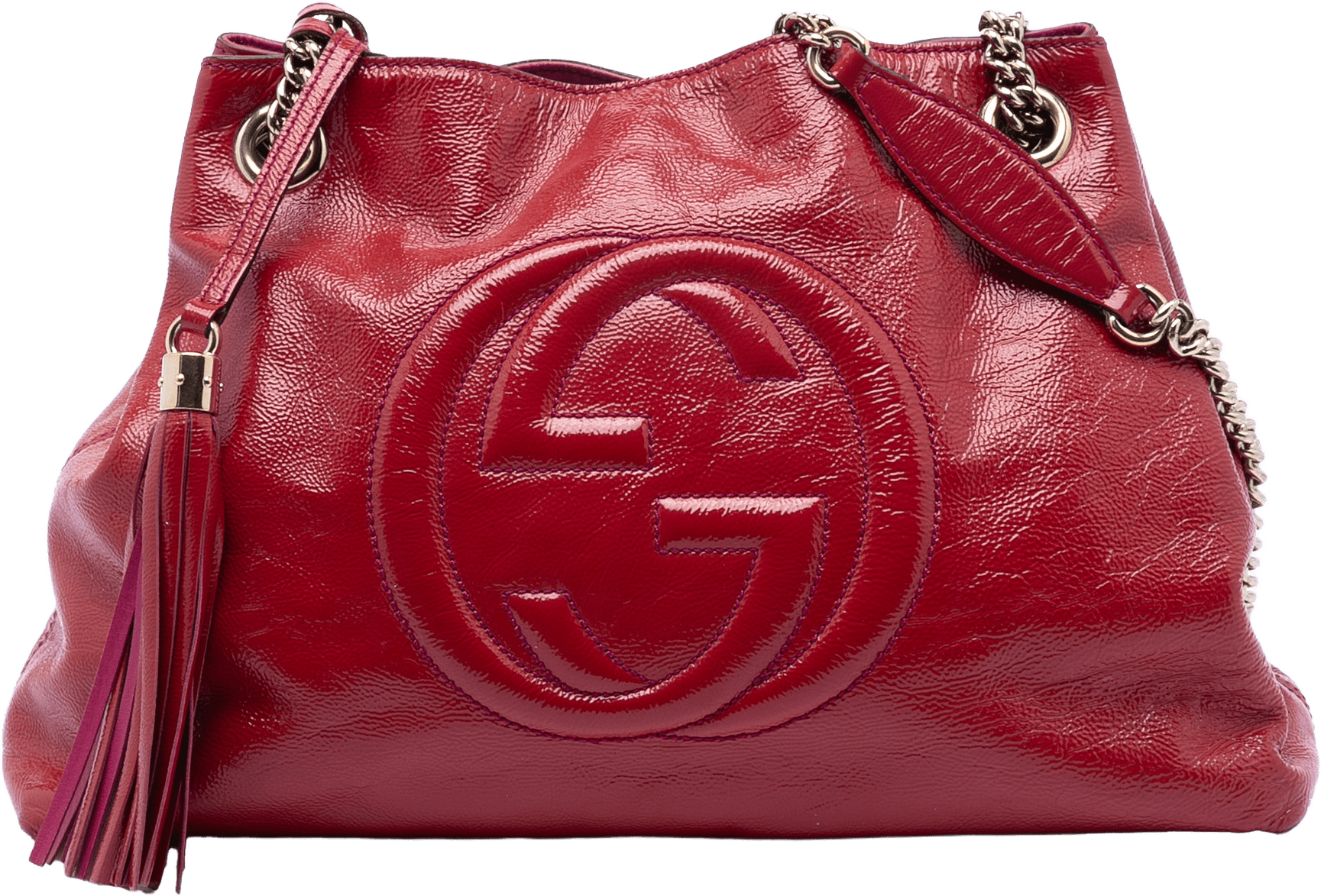 Gucci Medium Patent Soho Chain Tote, från Luxclusif, i färgen red.