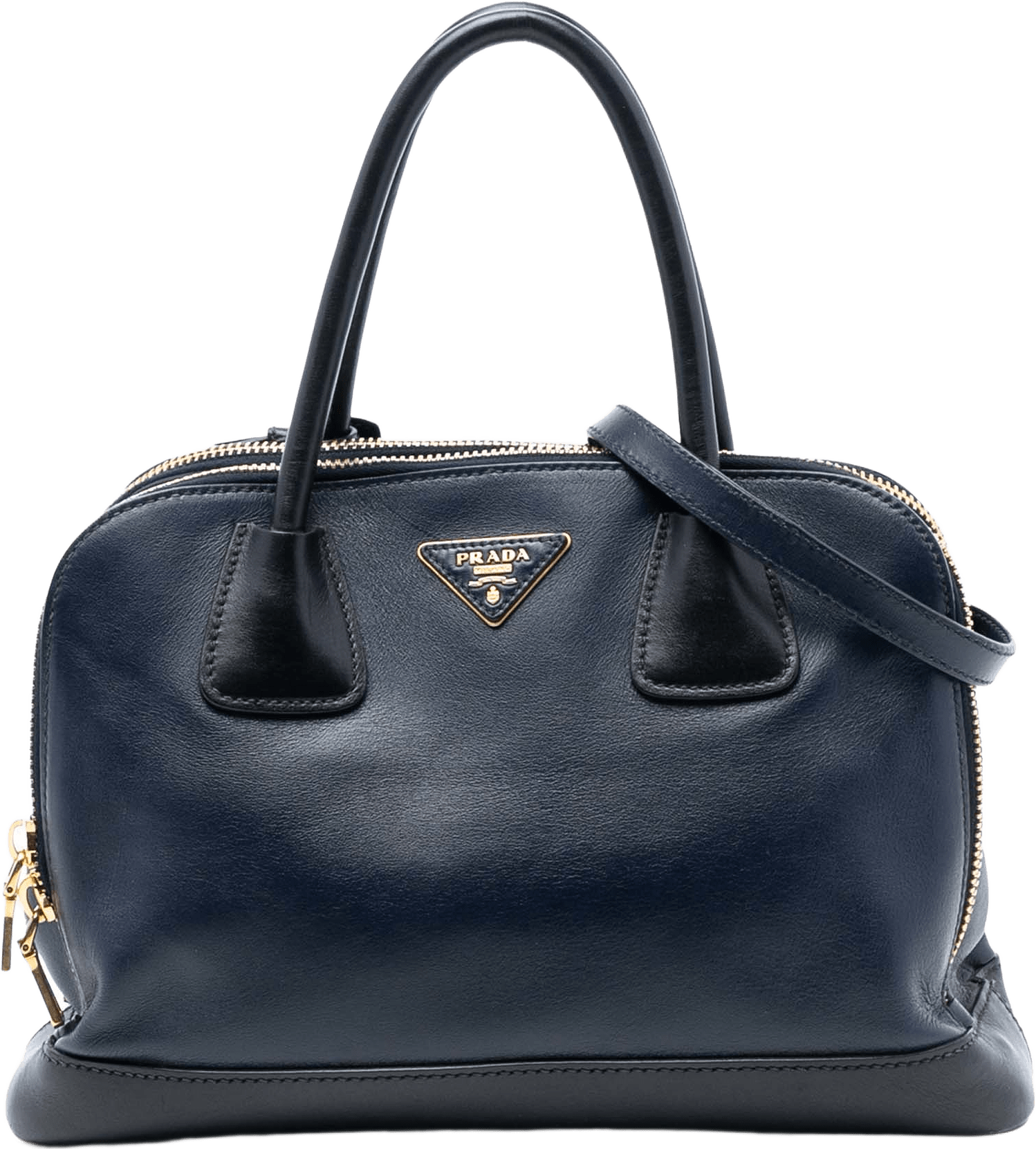 Prada Bicolor Soft Calf Double Zip Dome Satchel, från Luxclusif, i färgen navy.