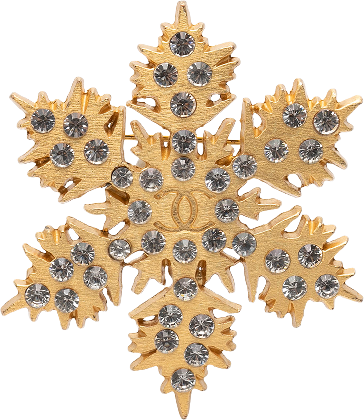 Chanel Cc Gold Plated Crystal Snowflake Pin Brooch, från Luxclusif, i färgen guld.