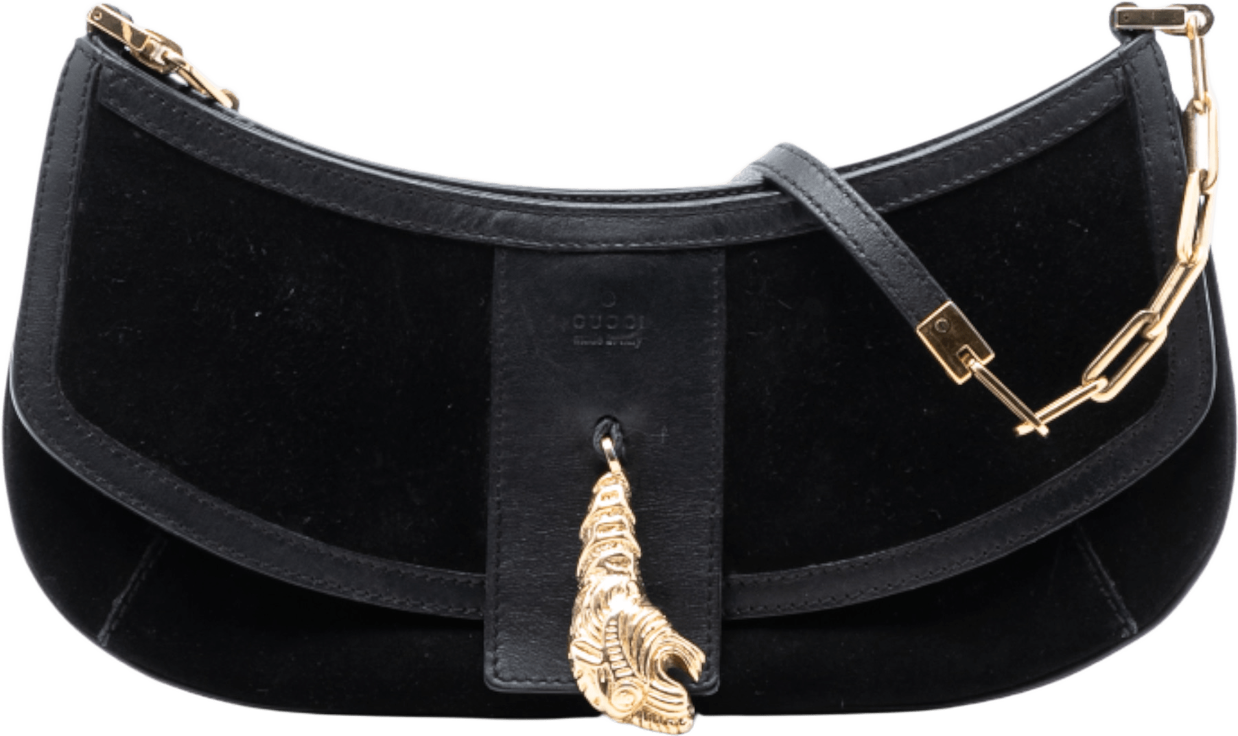 Gucci Suede Tiger Head Crossbody, från Luxclusif, i färgen black.