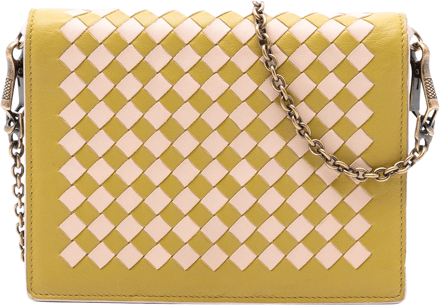 Bottega Veneta Nappa Intrecciato Wallet On Chain, från Luxclusif, i färgen mustard.