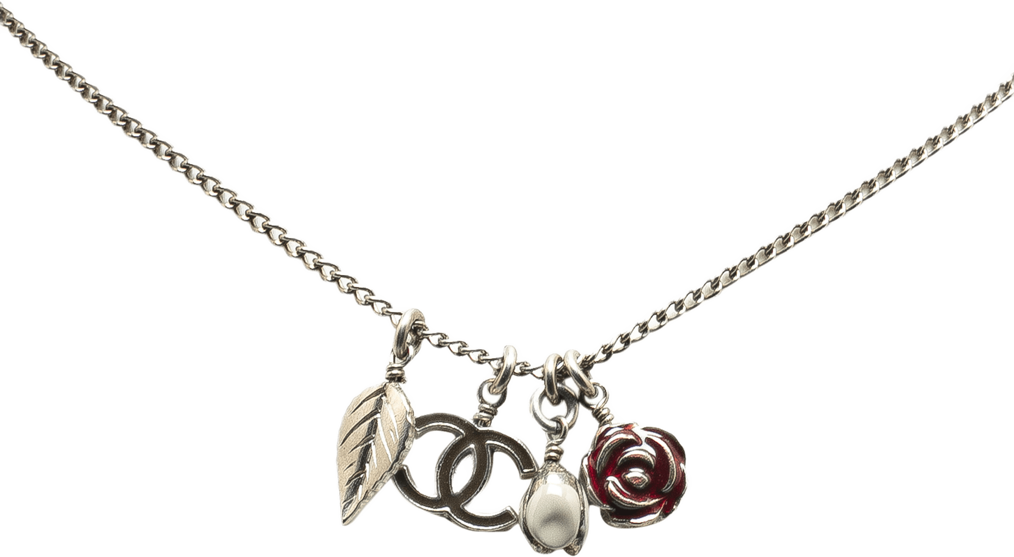 Chanel Silver Plated Cc Camellia Charms Necklace