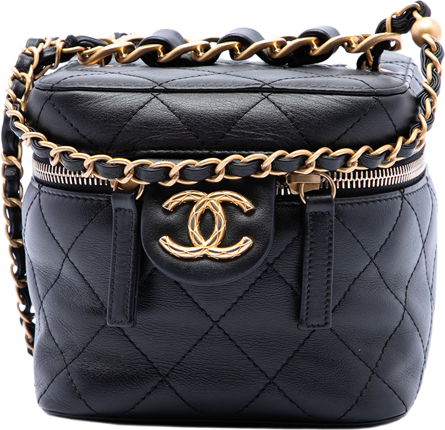 Chanel Small Quilted Calfskin Chain Bar Vanity Case With Chain, från Luxclusif, i färgen svart.