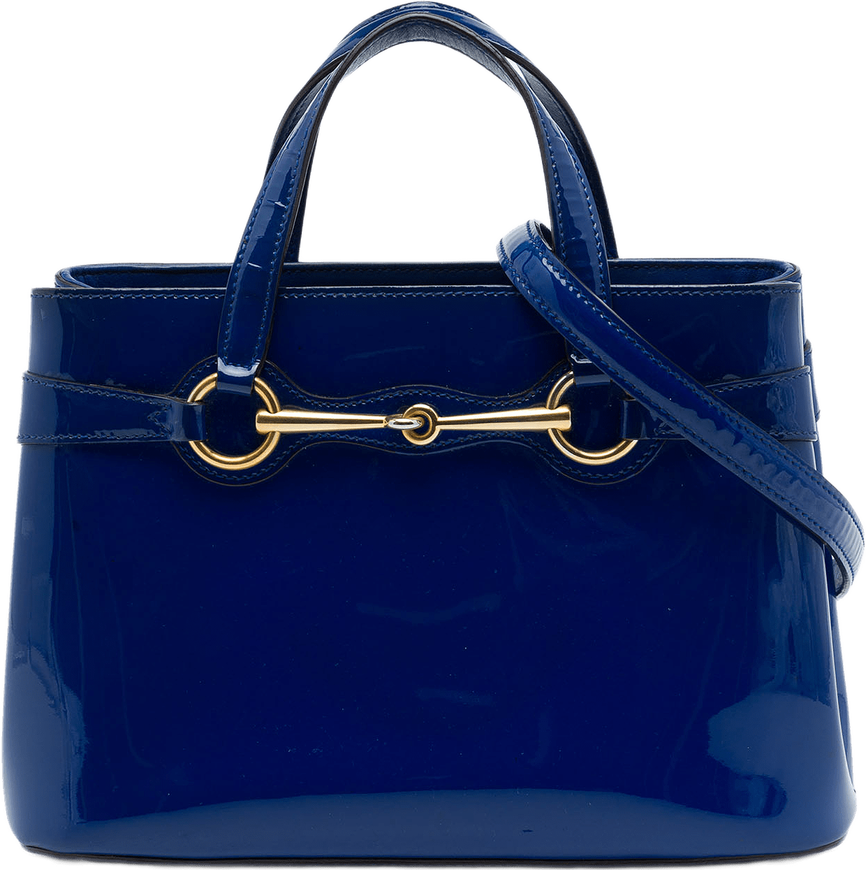 Gucci Patent Bright Bit Satchel, från Luxclusif, i färgen blå.