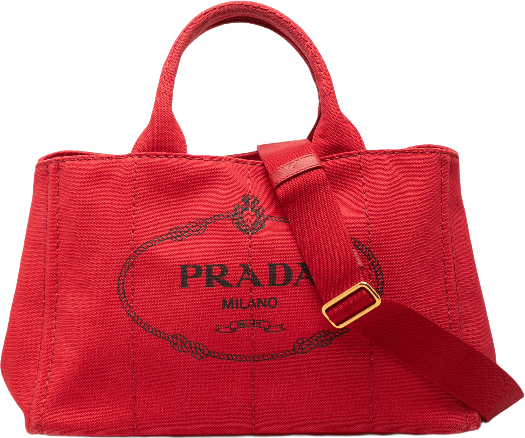 Prada Canvas Canapa Logo Tote, från Luxclusif, i färgen röd.