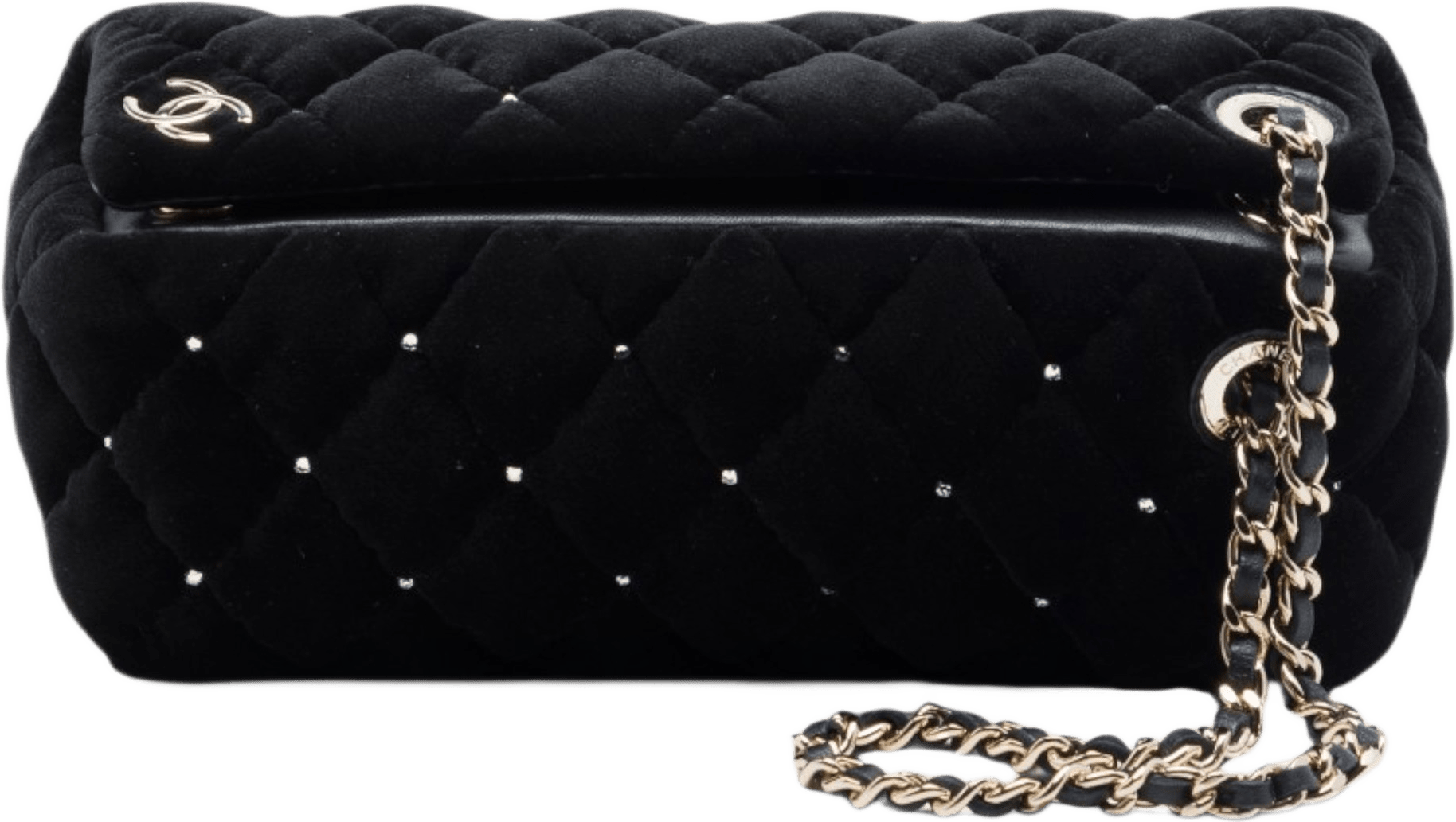 Chanel Cc Quilted Velvet Crystal Wristlet Clutch, från Luxclusif, i färgen svart.