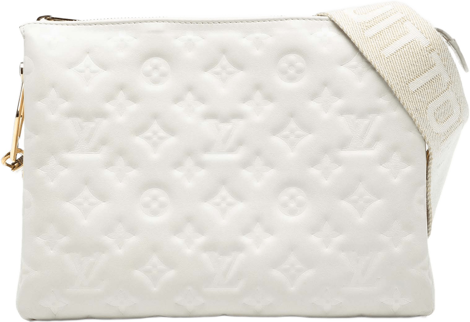 Louis Vuitton Monogram Embossed Puffy Lambskin Coussin Pm, från Luxclusif, i färgen vit.
