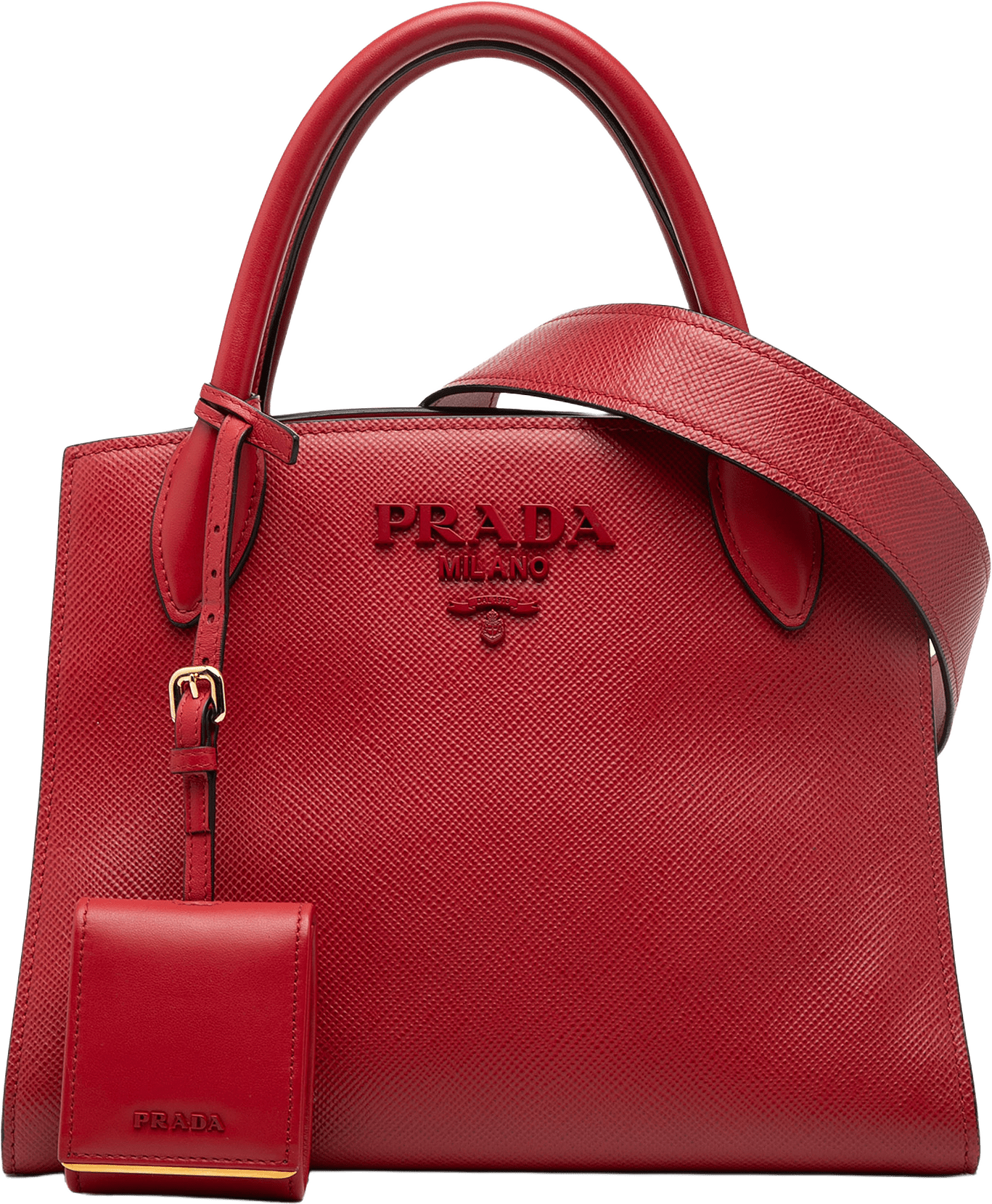 Prada Small Saffiano Cuir Monochrome Top Handle Tote, från Luxclusif, i färgen red.