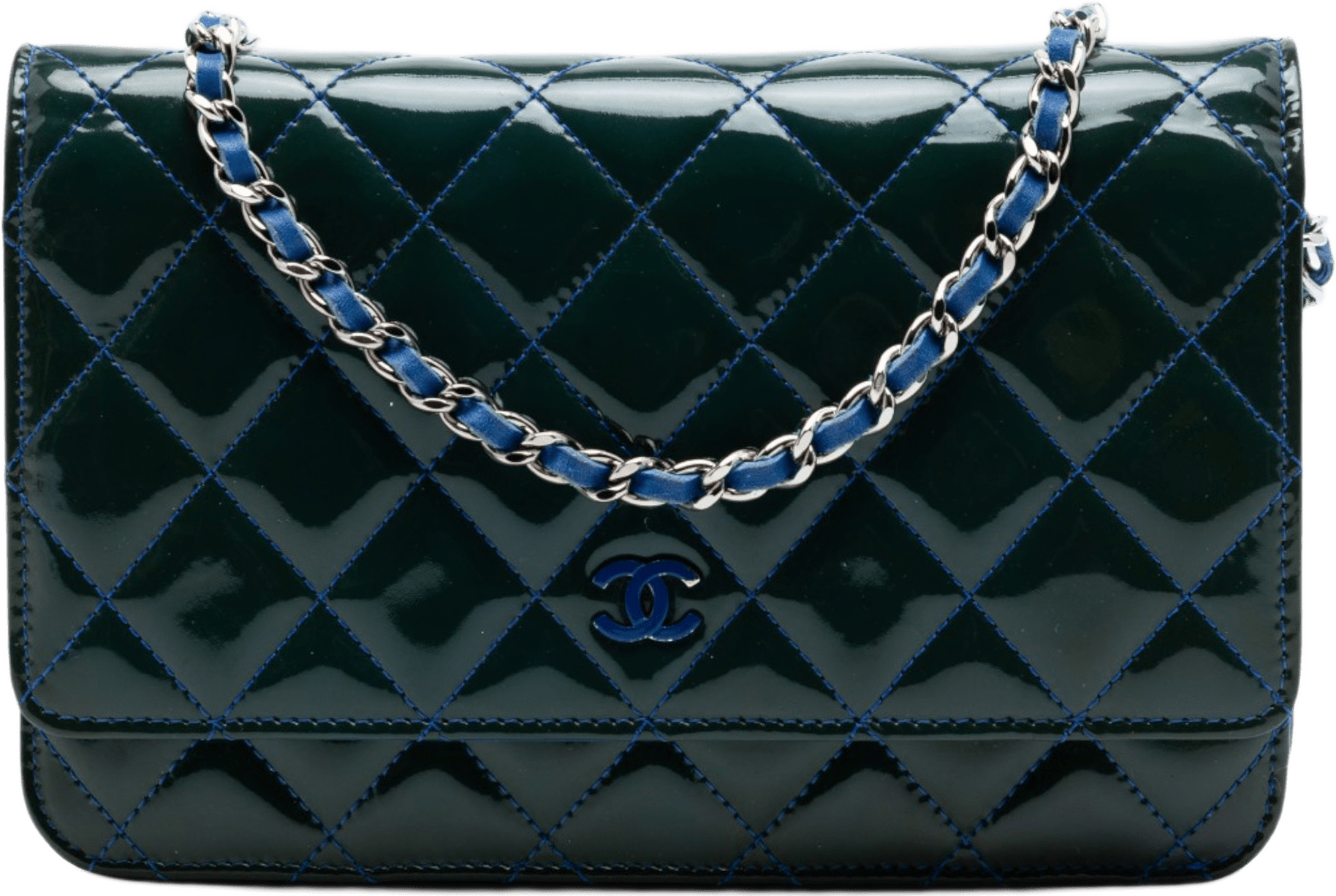 Chanel Cc Quilted Patent Incognito Wallet On Chain, från Luxclusif, i färgen navy.
