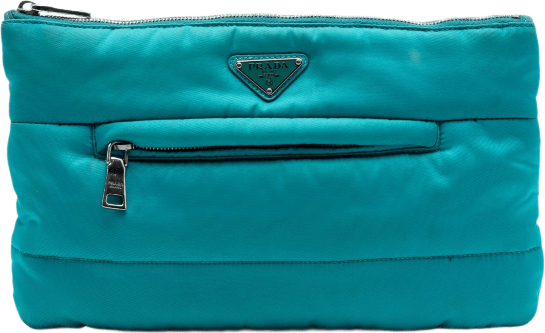 Prada Tessuto Bomber Clutch, från Luxclusif, i färgen turquoise.