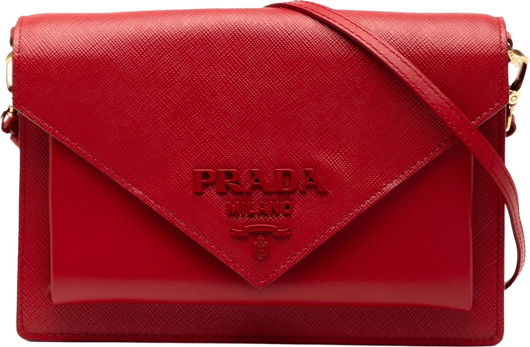 Prada Mini City Calf Trimmed Saffiano Monochrome Envelope Crossbody, från Luxclusif, i färgen red.