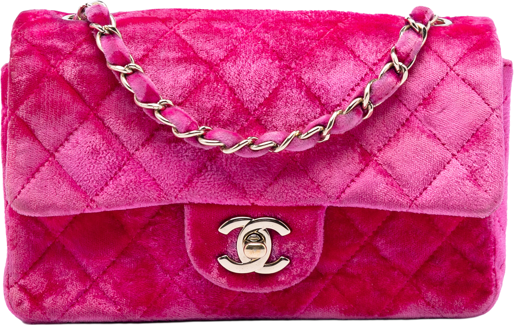 Chanel Mini Rectangular Classic Velvet Single Flap, från Luxclusif, i färgen hot pink.