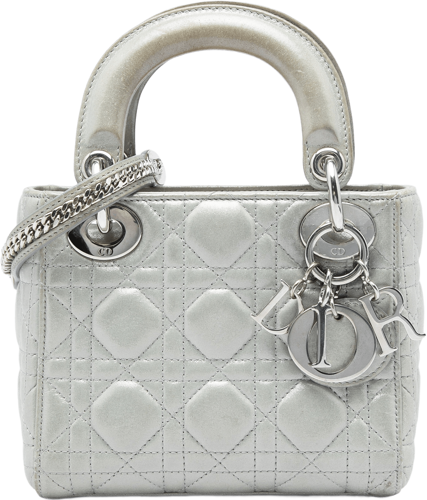 Dior Mini Iridescent Lambskin Cannage Lady Dior, från Luxclusif, i färgen grå.