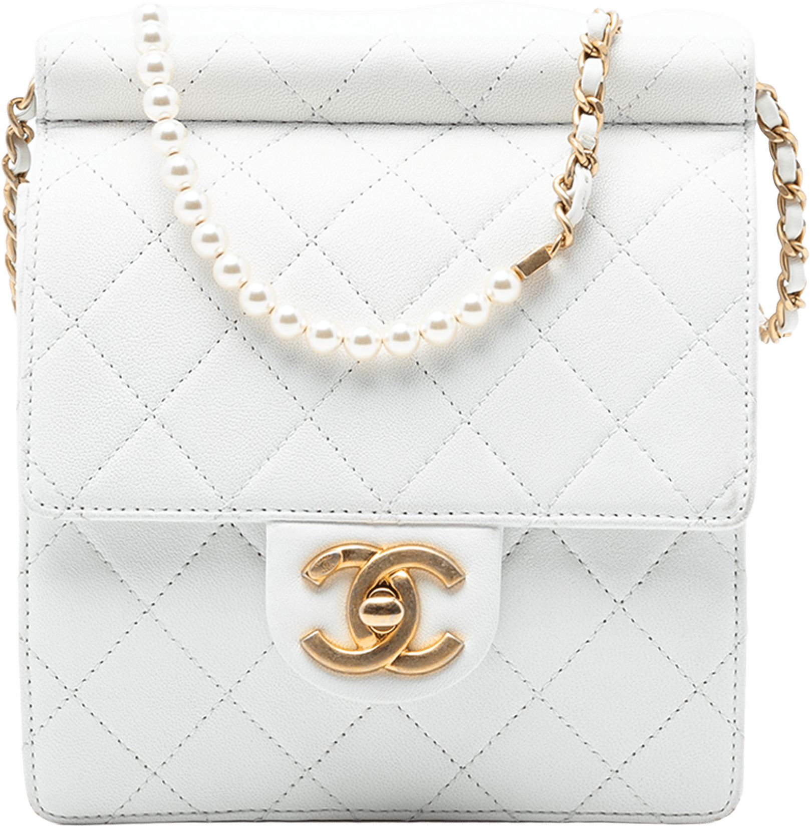 Chanel Small Quilted Lambskin Chic Pearls Flap, från Luxclusif, i färgen white.