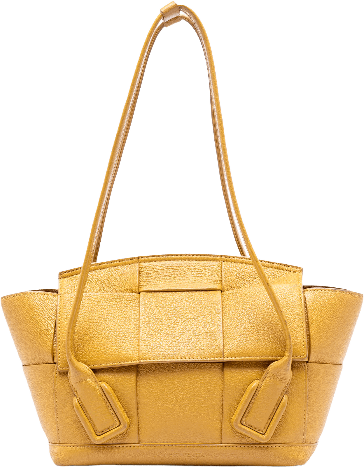 Bottega Veneta Small Goatskin Maxi Intrecciato Arco Satchel, från Luxclusif, i färgen mustard.