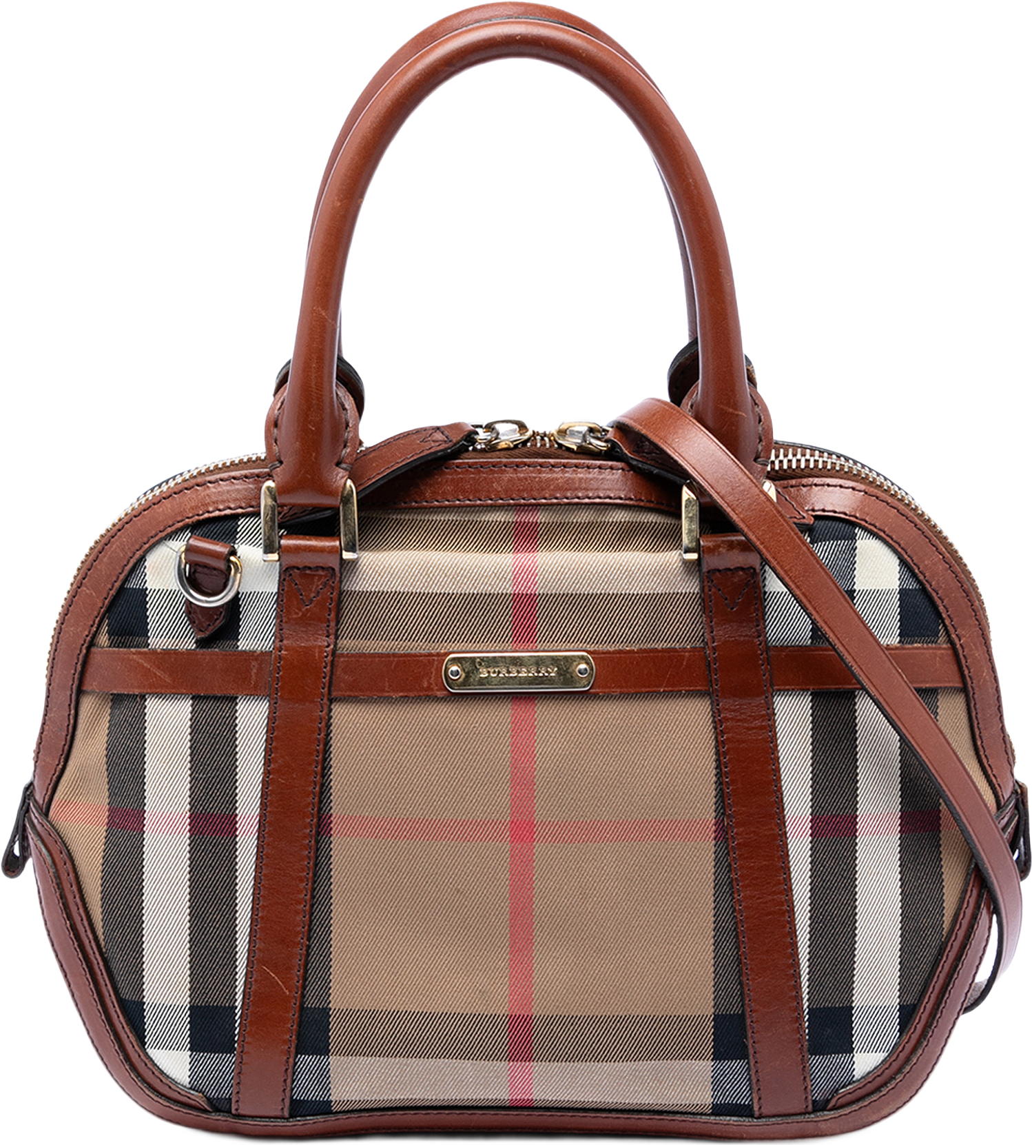 Burberry Small Leather Trimmed House Check Canvas Bridle Orchard Satchel, från Luxclusif, i färgen light brown.