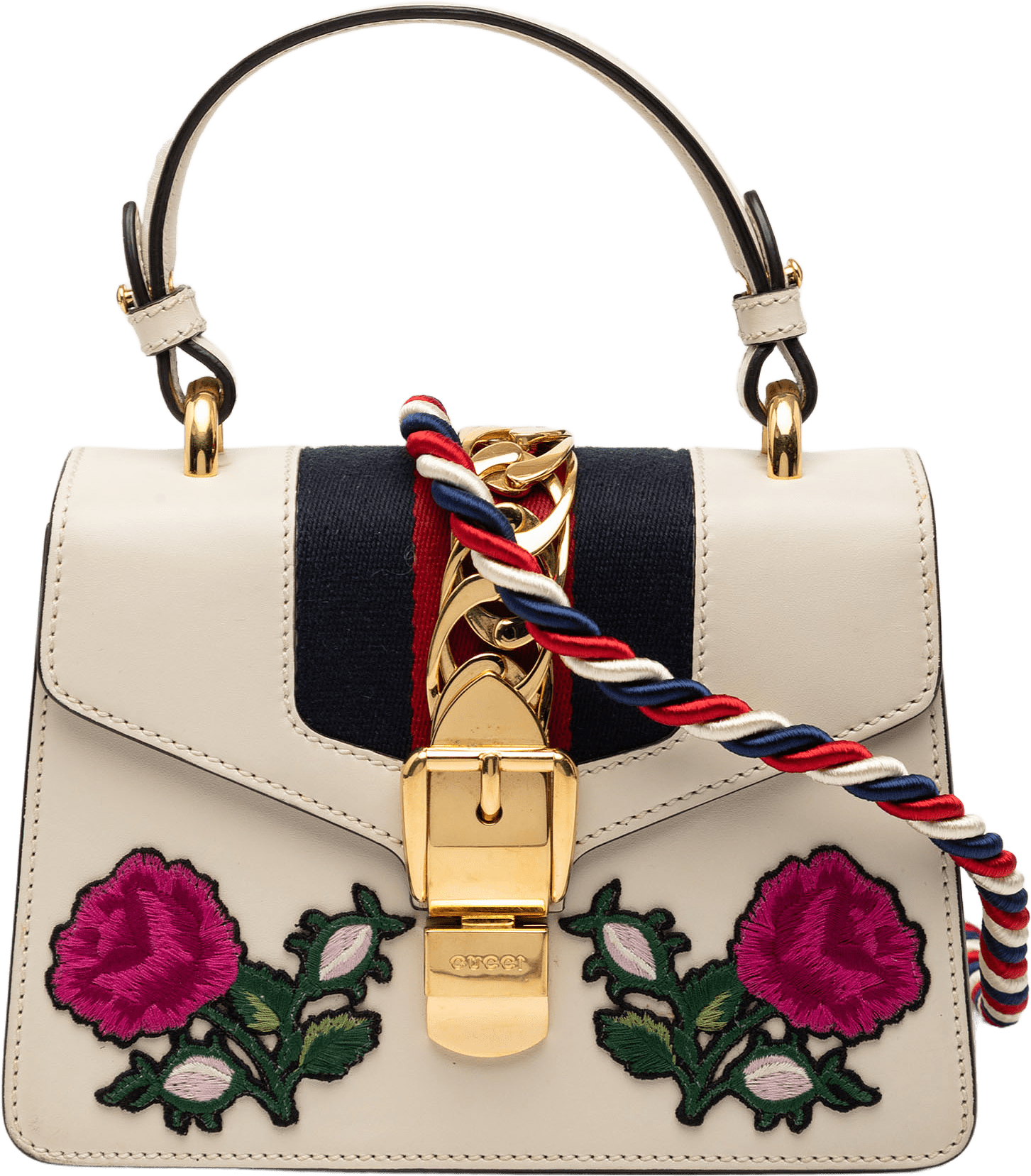 Gucci Mini Embroidered Leather Sylvie Satchel, från Luxclusif, i färgen white.