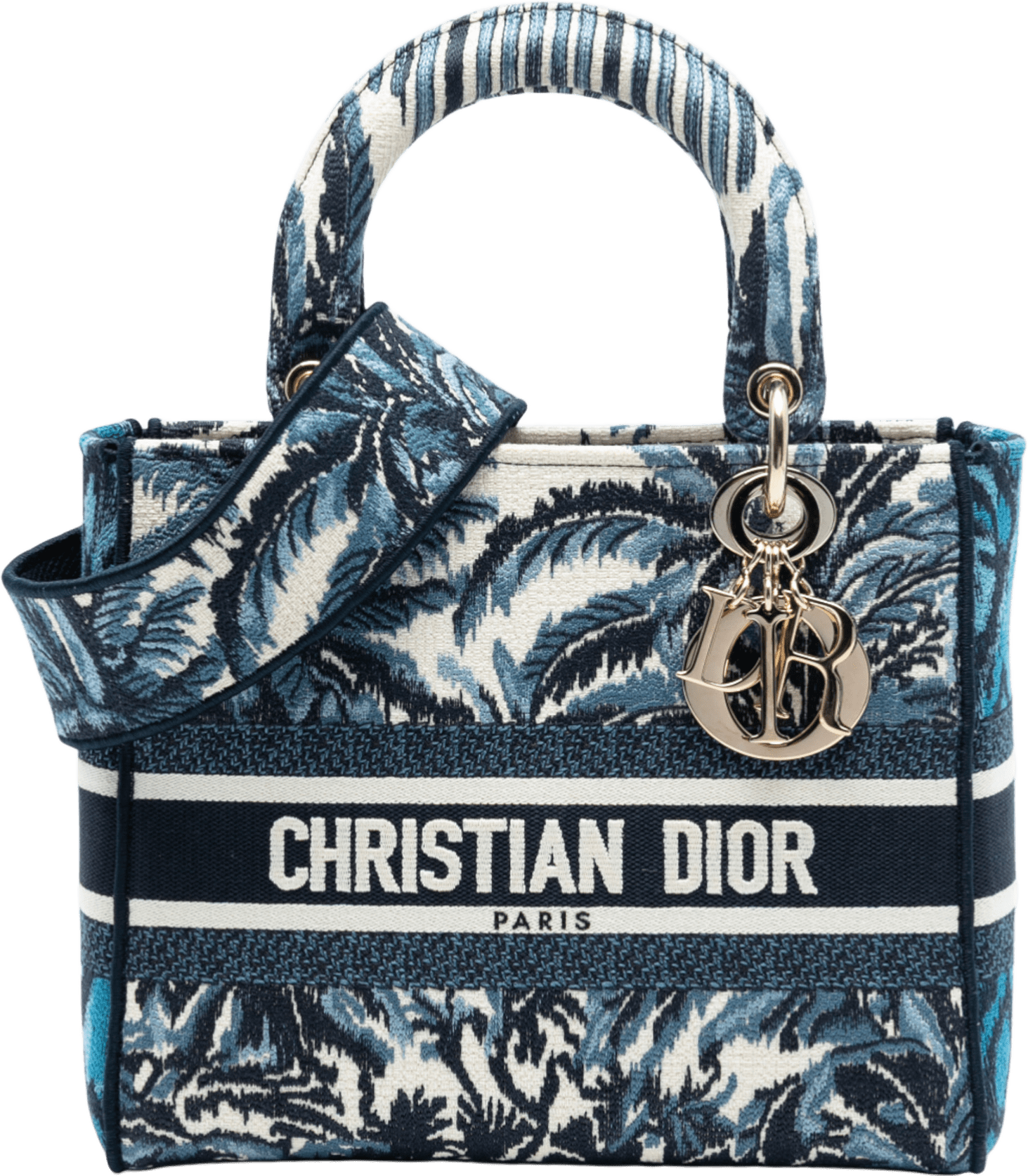 Dior Medium Embroidered Canvas Palm Tree Toile De Jouy Lady D Lite, från Luxclusif, i färgen blue.