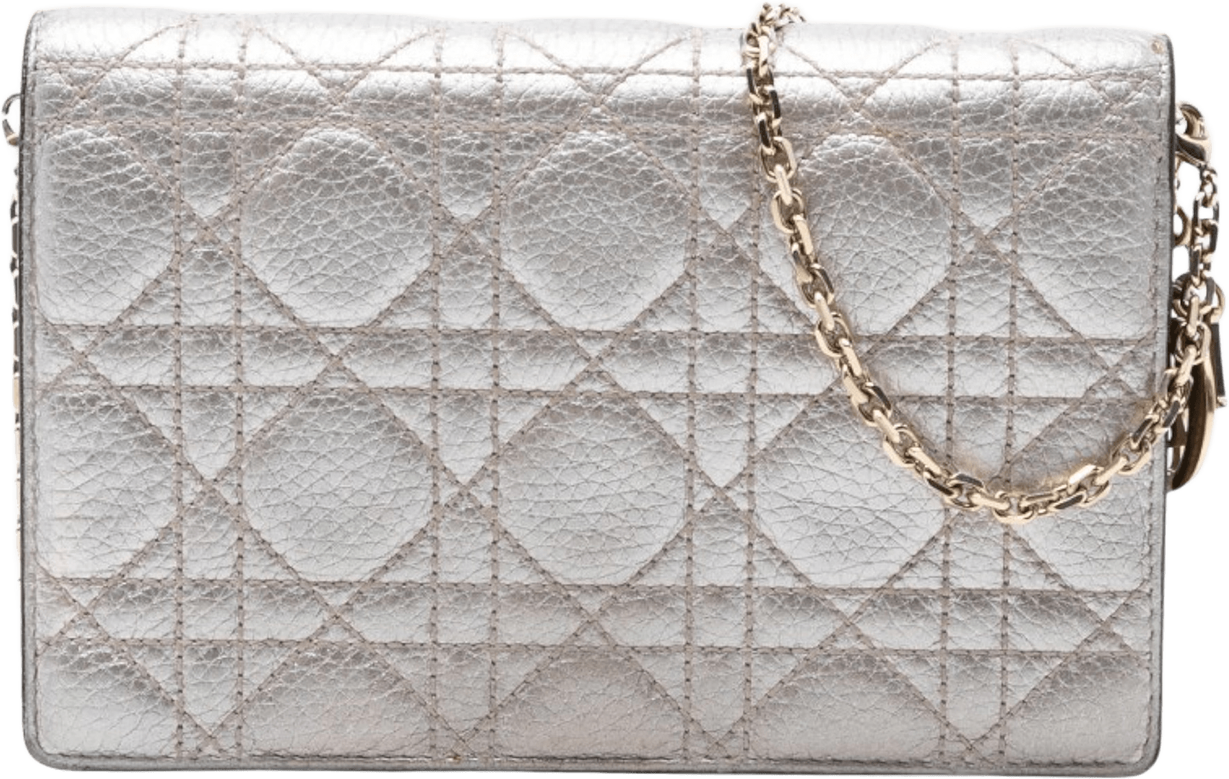 Dior Metallic Lambskin Cannage Lady Dior Wallet On Chain, från Luxclusif, i färgen silver.