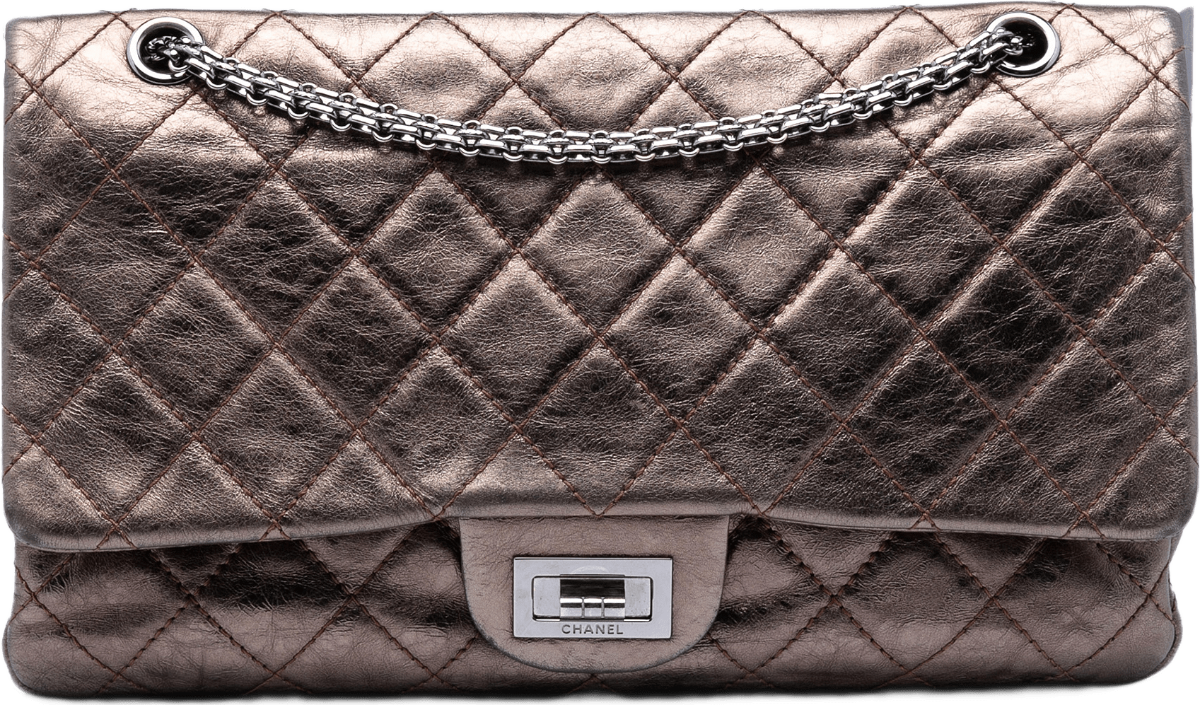 Chanel Metallic Aged Calfskin Reissue 2.55 Double Flap 227, från Luxclusif, i färgen bronze.